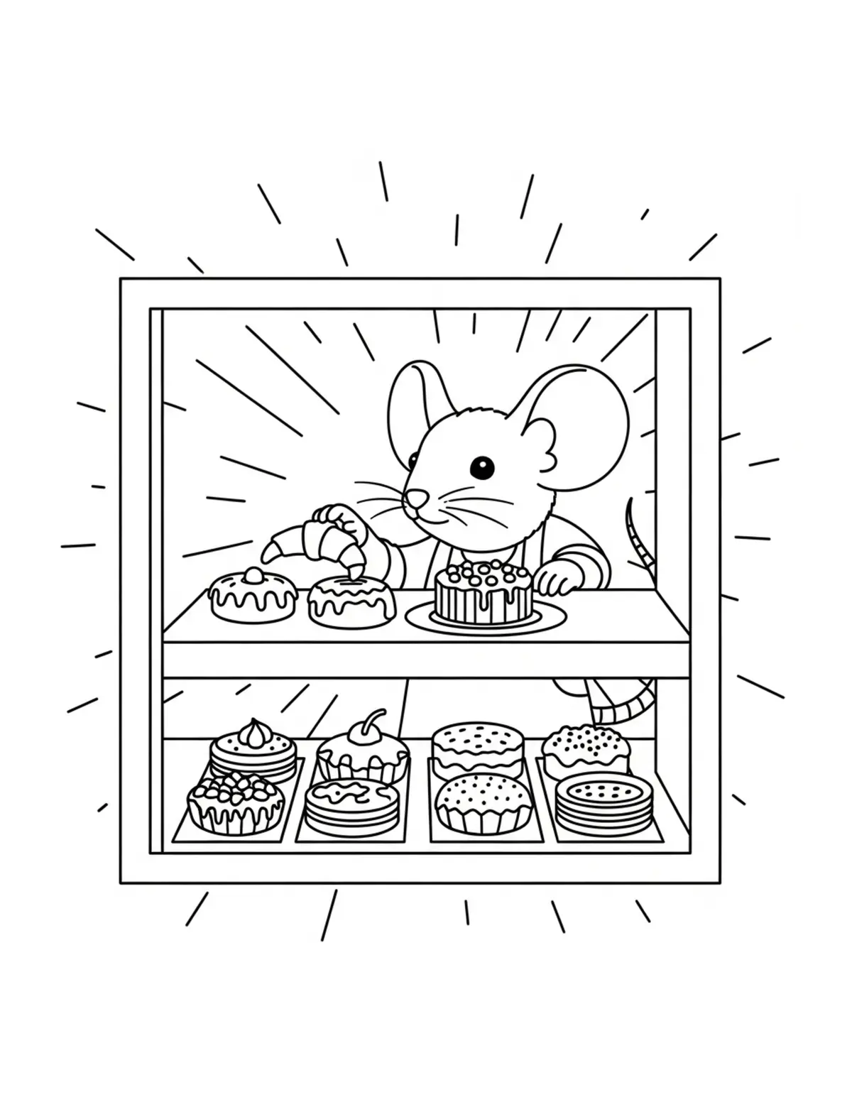 Mouse Arranging Pastries For A Coloring Page - free printable JPG featuring adorable mouse bakery scenes