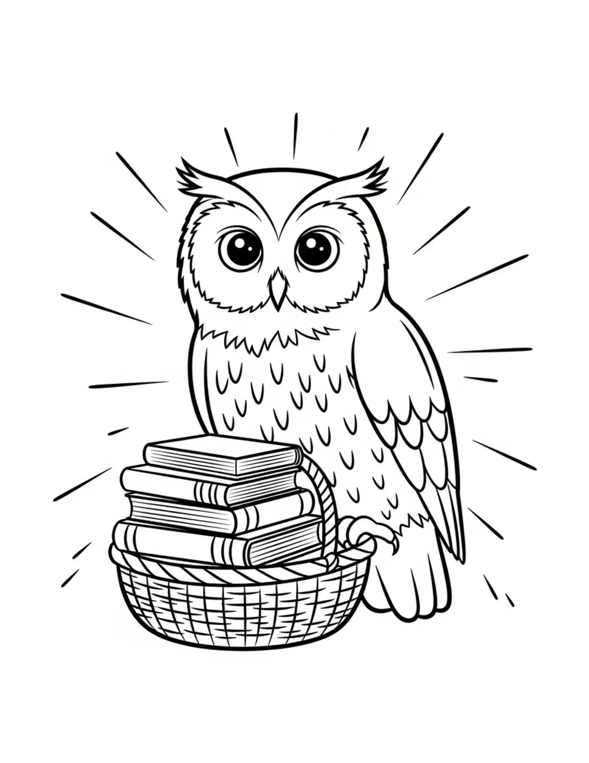 Owl Carrying Books In A Basket Coloring Page - free printable JPG featuring adorable owl