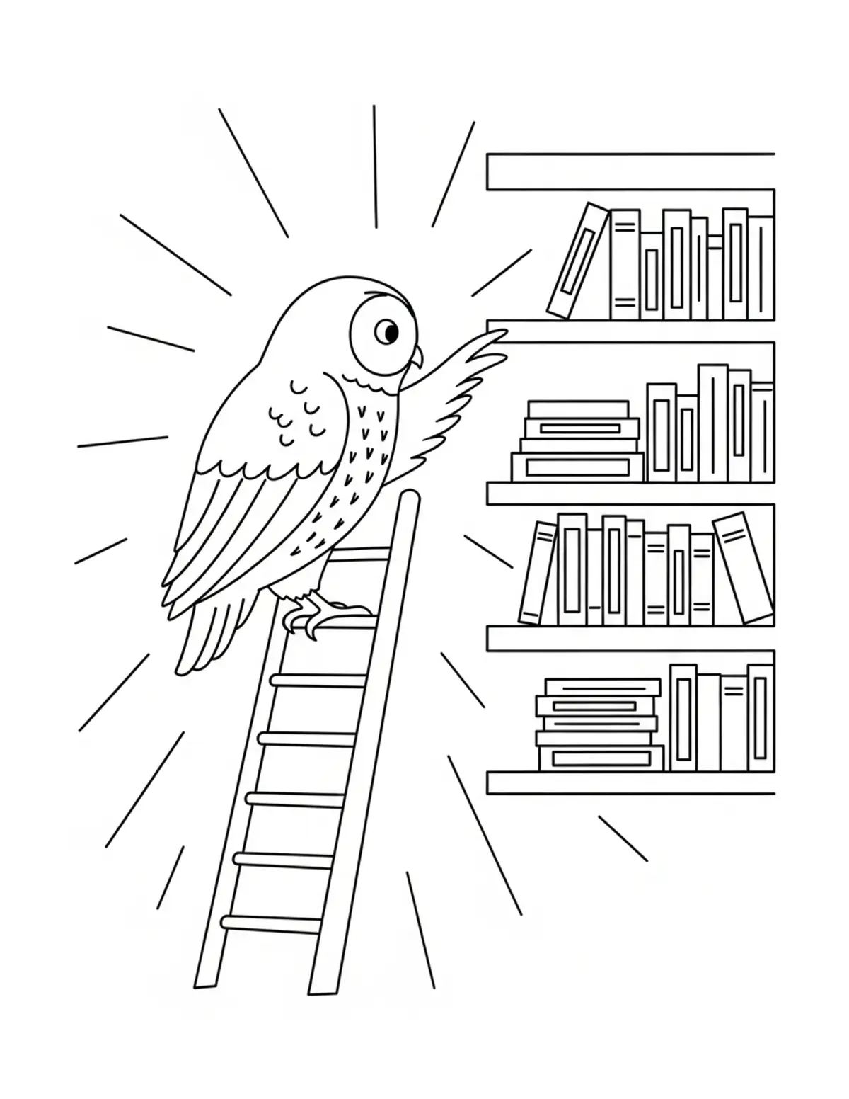 Owl Sitting On A Ladder Reachi Coloring Page - free printable JPG featuring adorable owl reading scenes