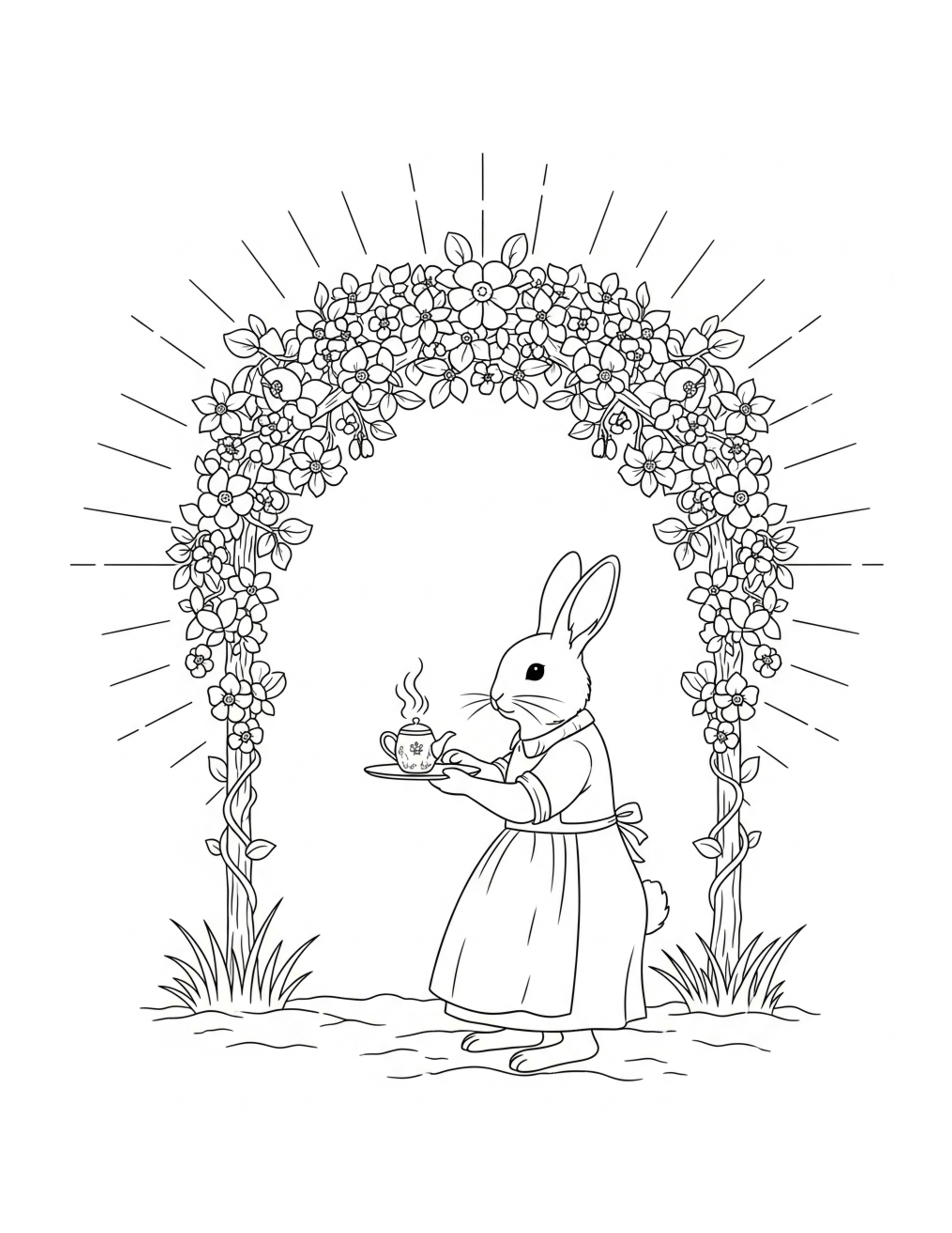 Rabbit Serving Tea Beneath A Coloring Page - free printable JPG featuring adorable rabbit