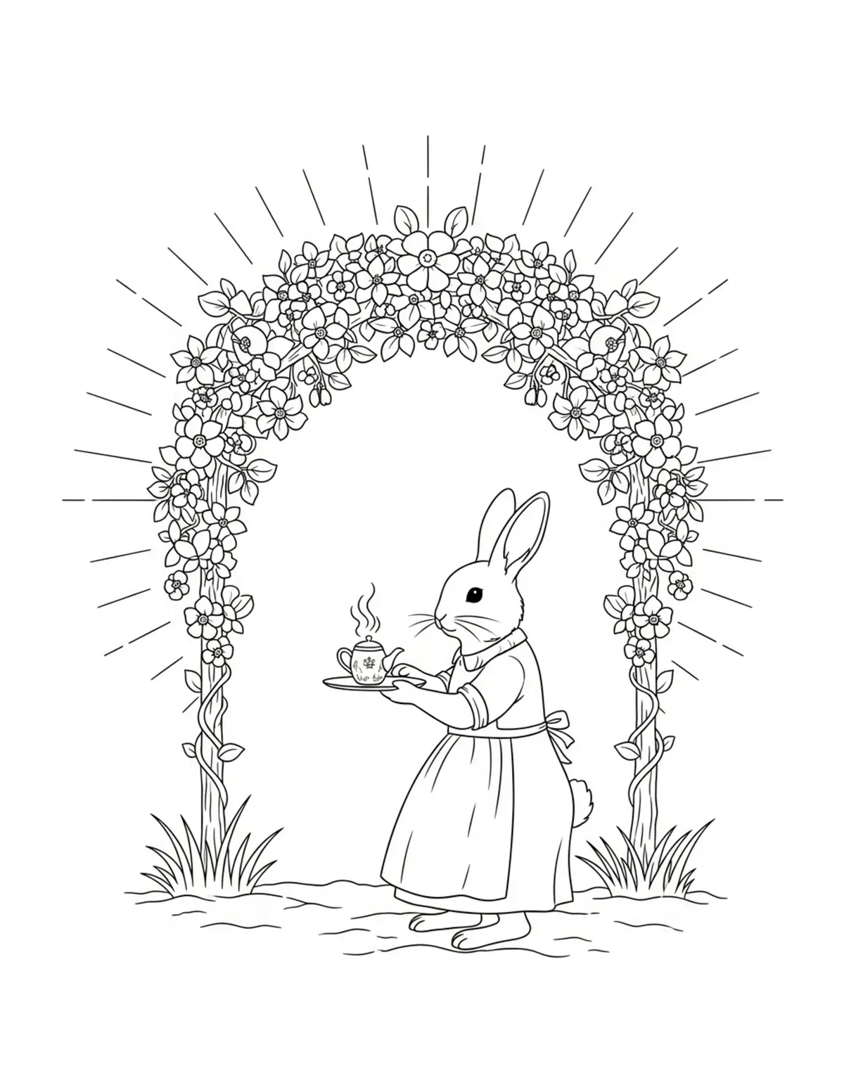 Rabbit Serving Tea Beneath A Coloring Page - free printable JPG featuring adorable rabbit