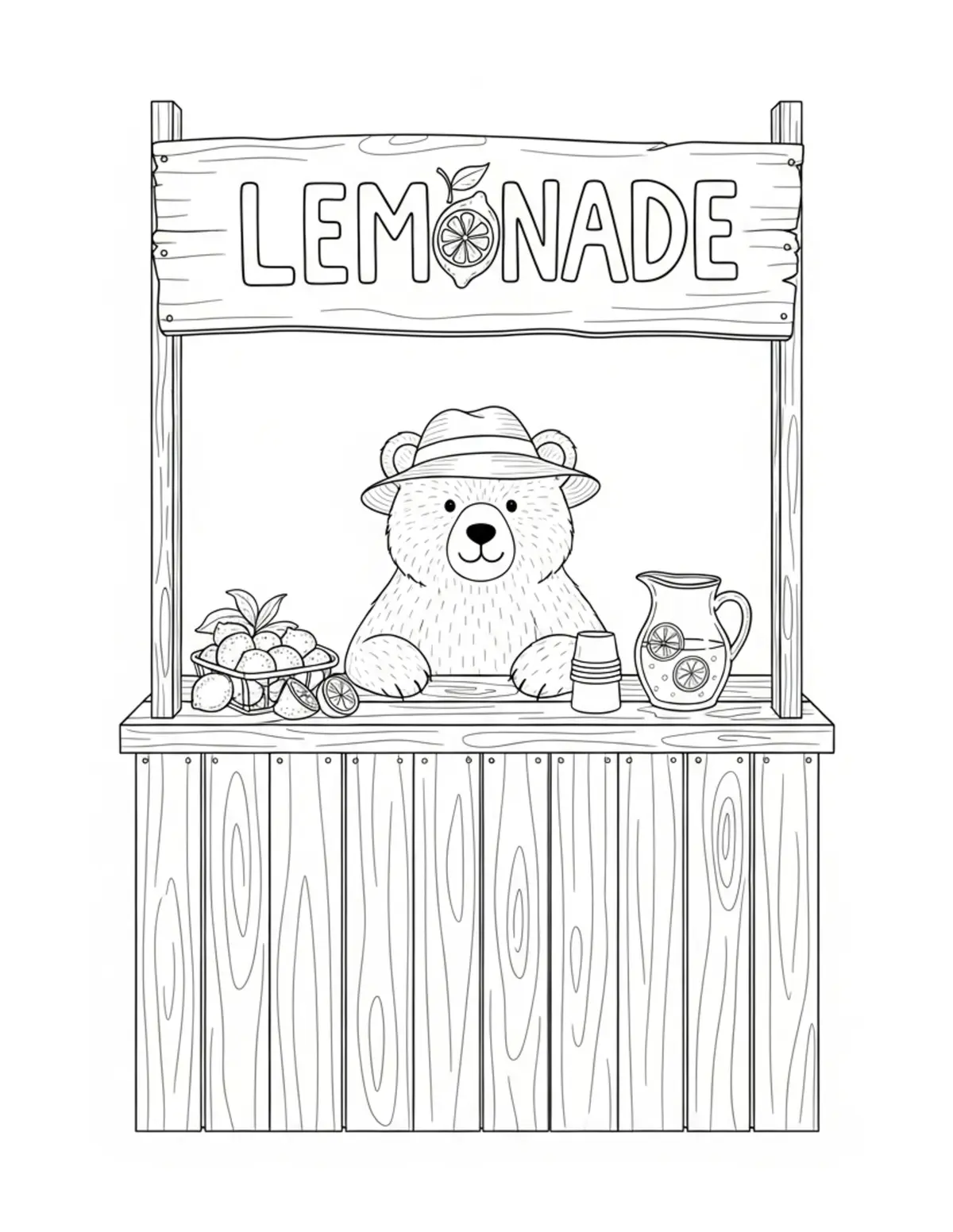 Free printable coloring page: summer bear lemonade stand coloring page. Cute and cozy design for kids and adults to download and print.