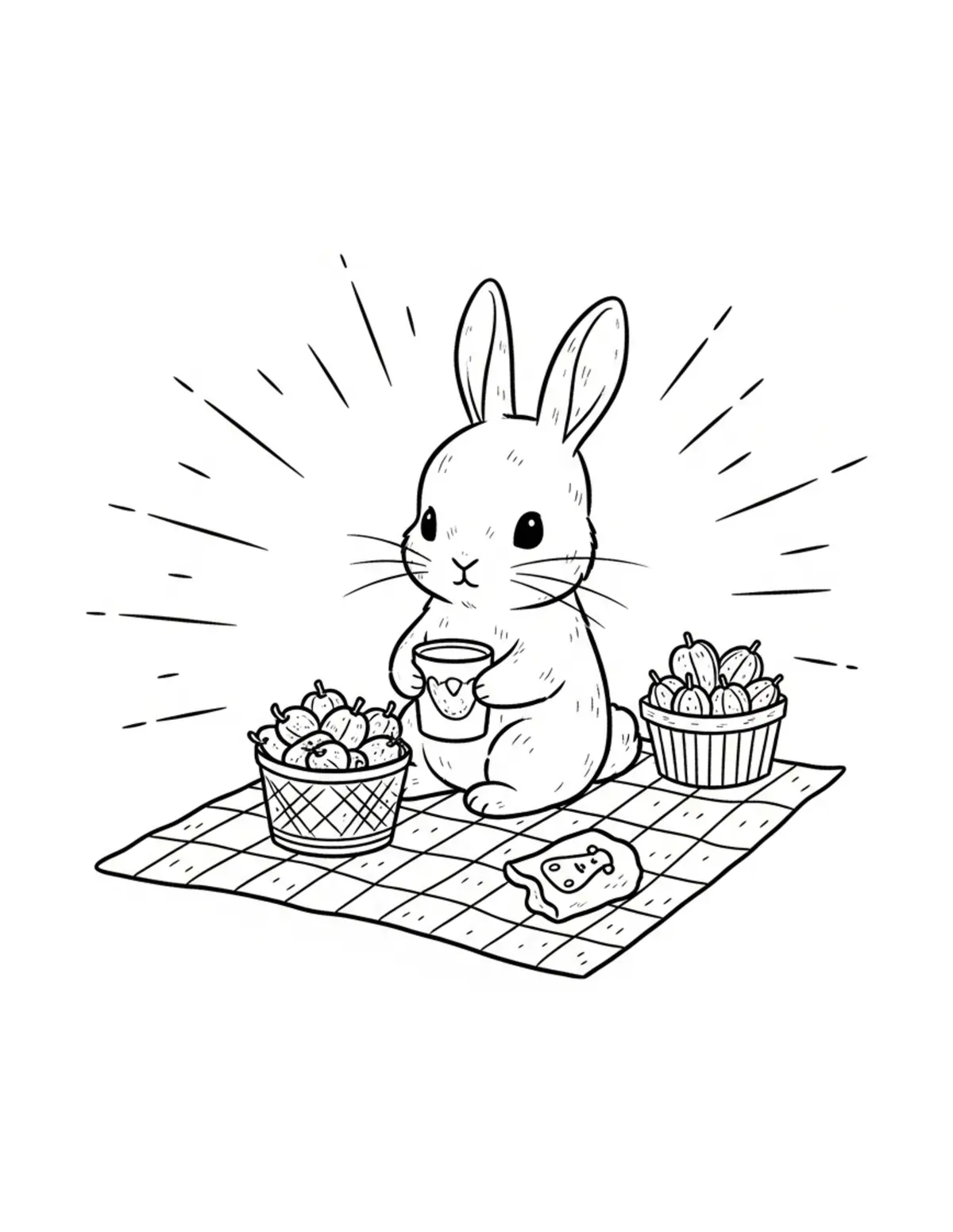 Free printable coloring page: tiny-bunny-managing-a-cozy-pic coloring page. Cute and cozy design for kids and adults to download and print.