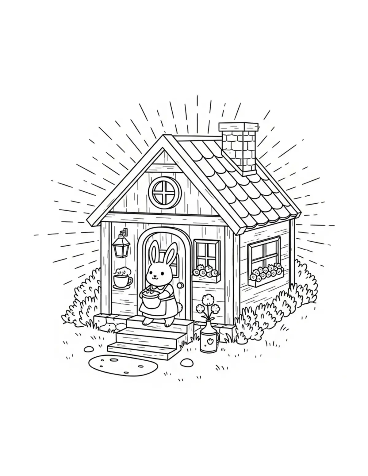 Free printable coloring page: tiny-bunny-running-a-cozy-brea coloring page. Cute and cozy design for kids and adults to download and print.