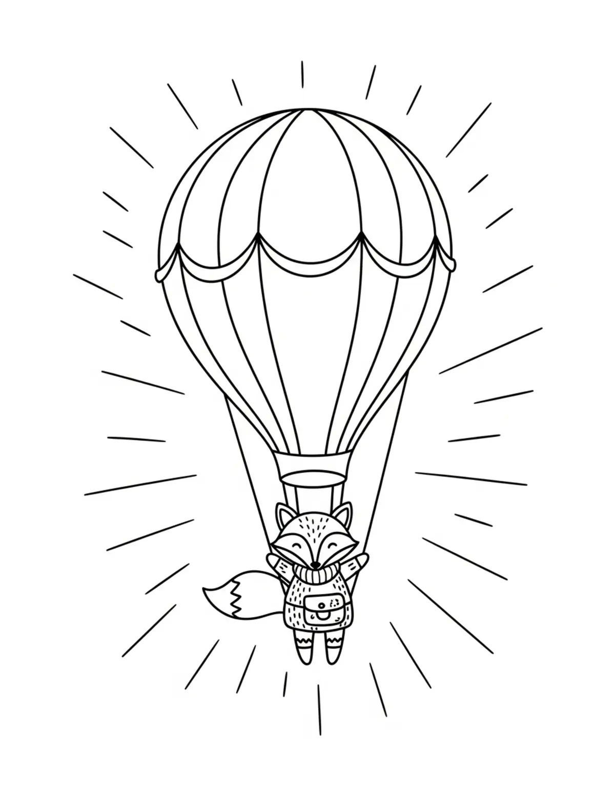 Free printable coloring page: tiny-fox-flying-a-cozy-air-bal coloring page. Cute and cozy design for kids and adults to download and print.