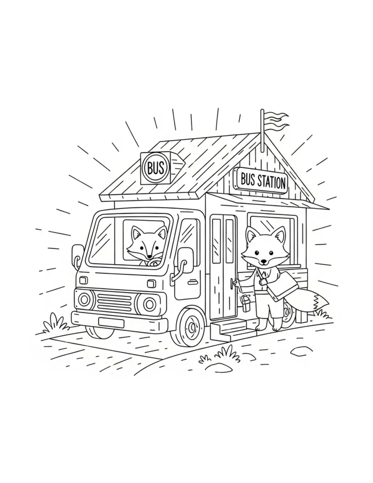 Free printable coloring page: tiny-fox-operating-a-woodland coloring page. Cute and cozy design for kids and adults to download and print.