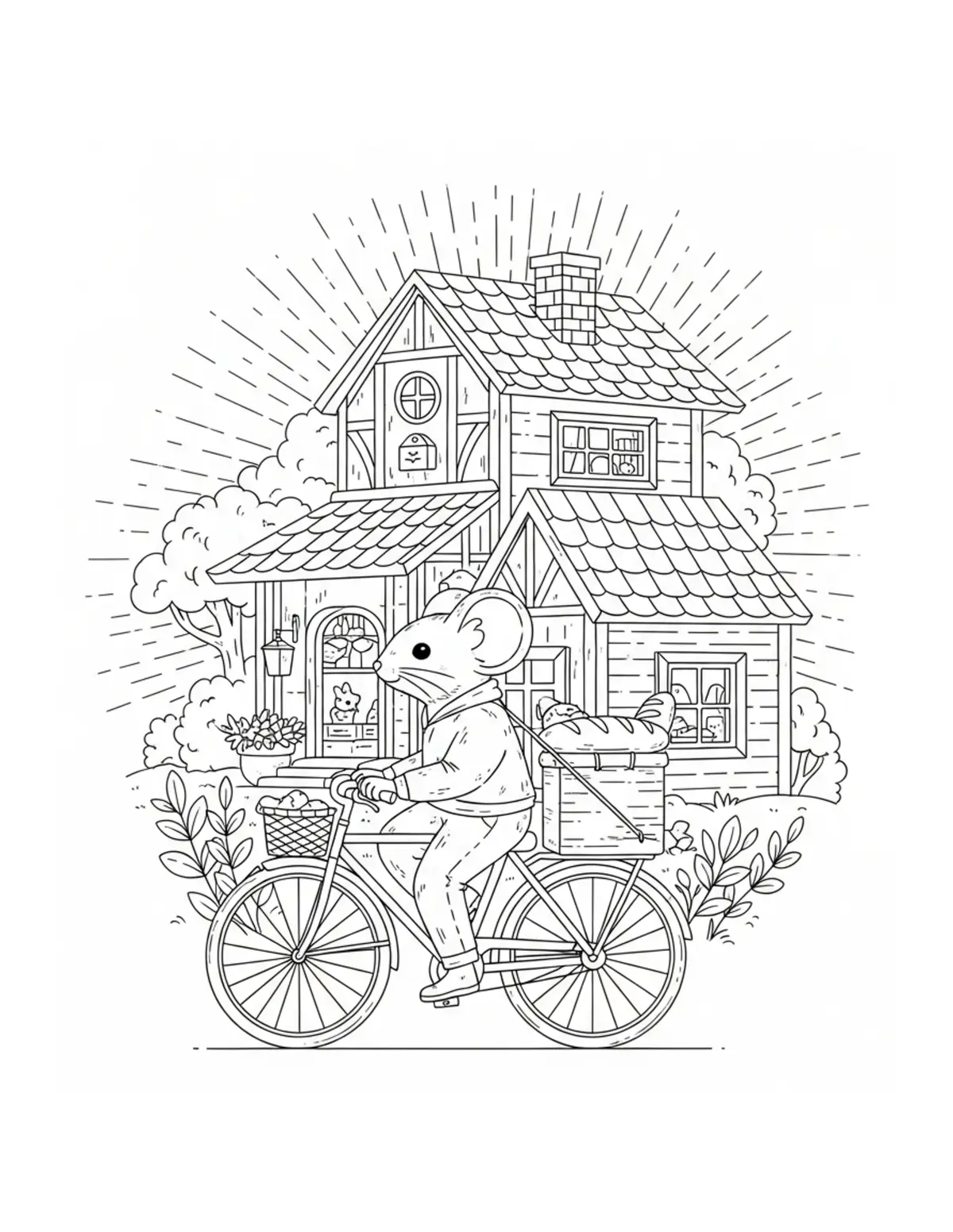 Free printable coloring page: tiny-mouse-delivering-bread-by coloring page. Cute and cozy design for kids and adults to download and print.