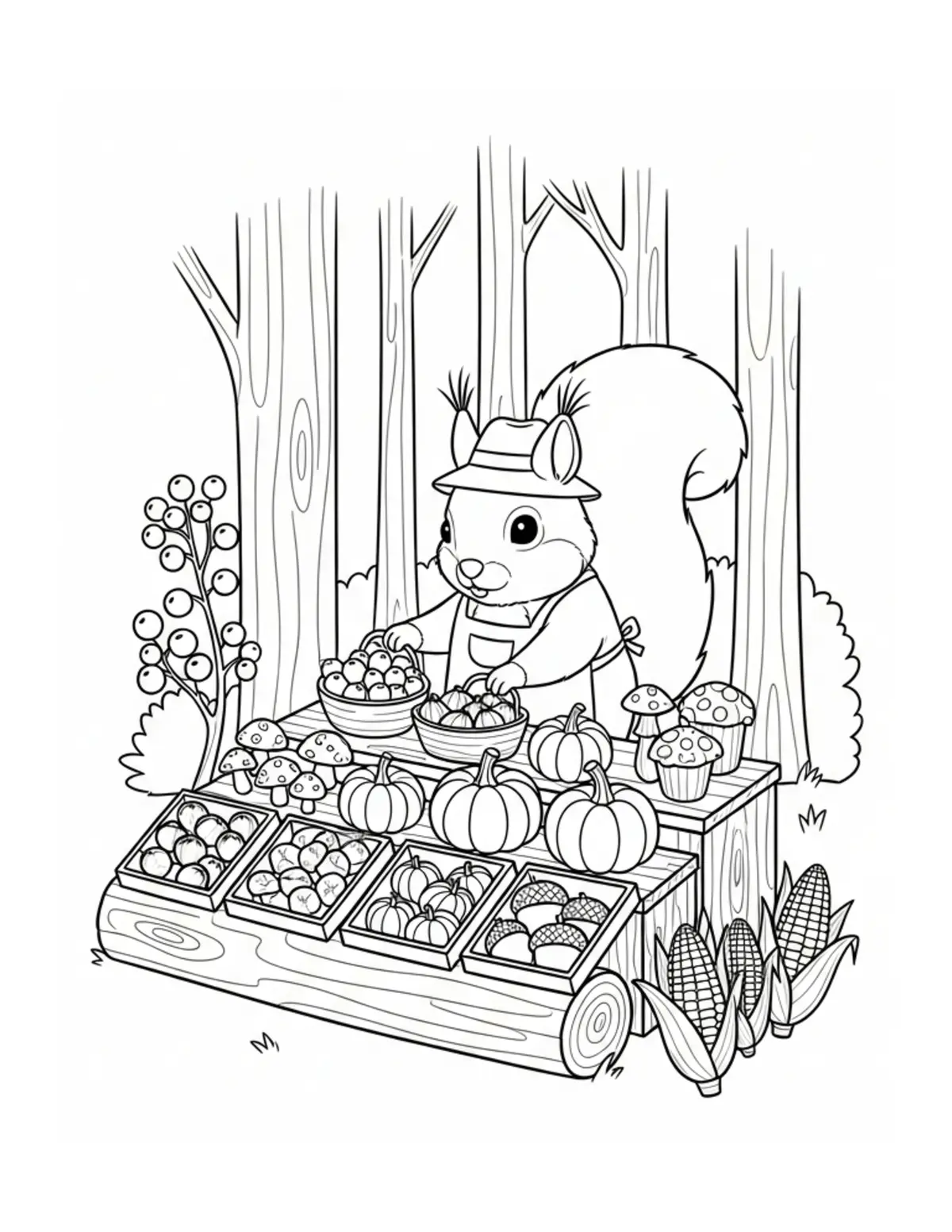 Free printable coloring page: tiny-squirrel-running-a-woodla coloring page. Cute and cozy design for kids and adults to download and print.