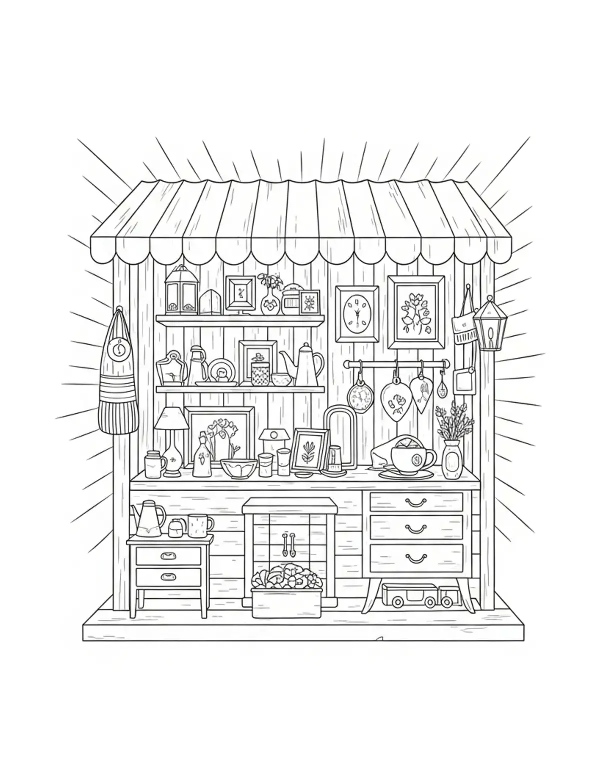 Tiny Antique Market Booth With Coloring Page - free printable JPG featuring adorable tiny animal village scene