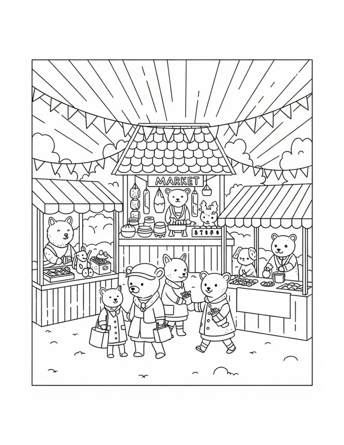 Tiny Market Festival With Stal Coloring Page - free printable JPG featuring adorable tiny animal village scene