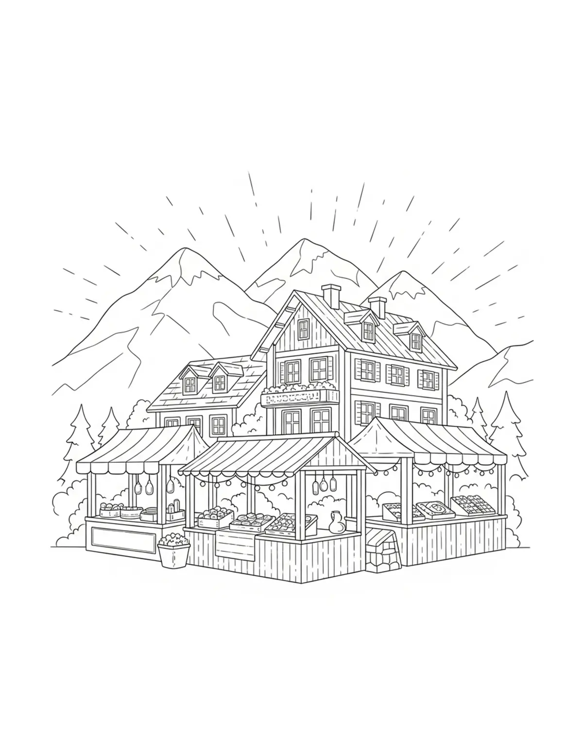 Tiny Mountain Village Marketpl Coloring Page - free printable JPG featuring adorable tiny animal village scene