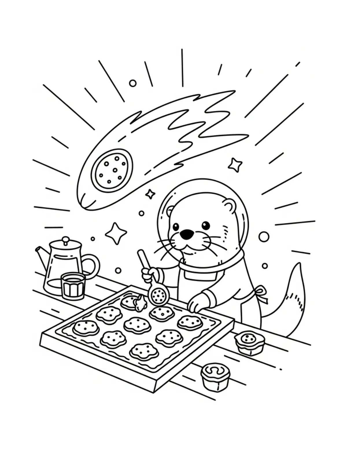Free printable coloring page: tiny otter baking comet shaped coloring page. Cute and cozy tiny animal design for kids and adults to download and print.