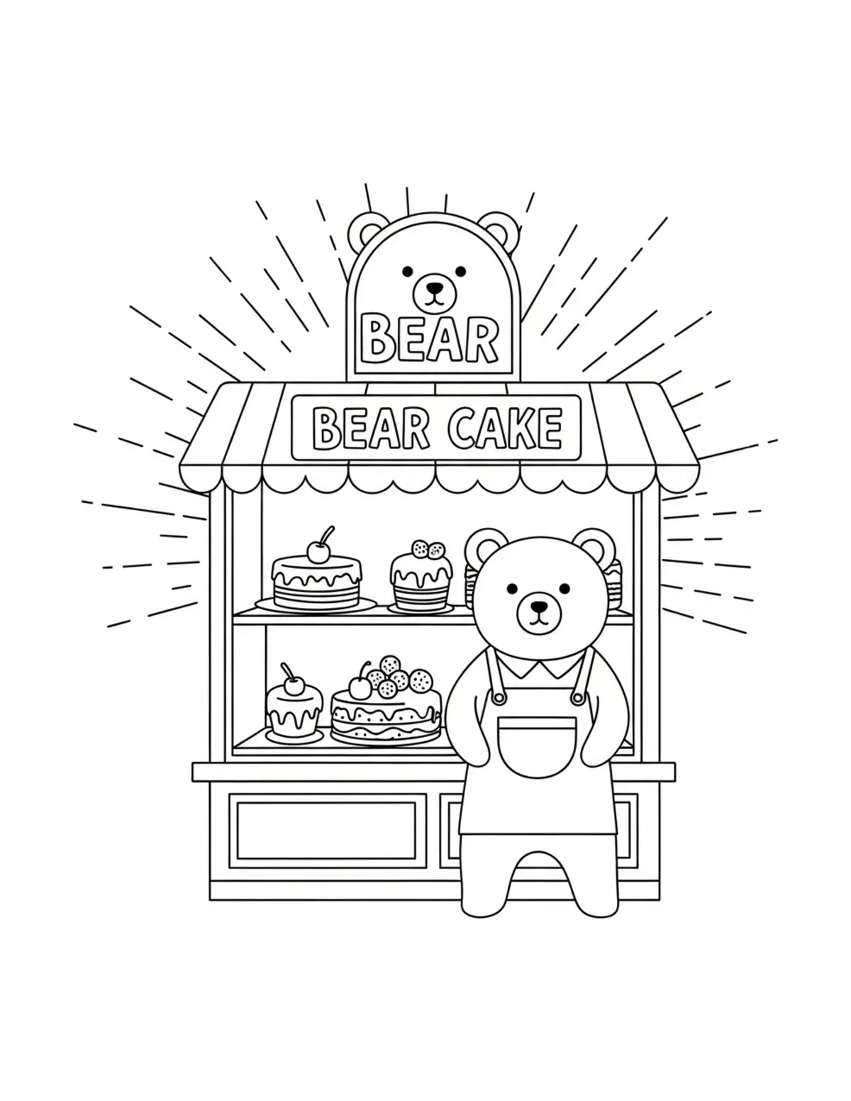 Free printable coloring page: bear-cake-shop coloring page. Cute and cozy design for kids and adults to download and print.