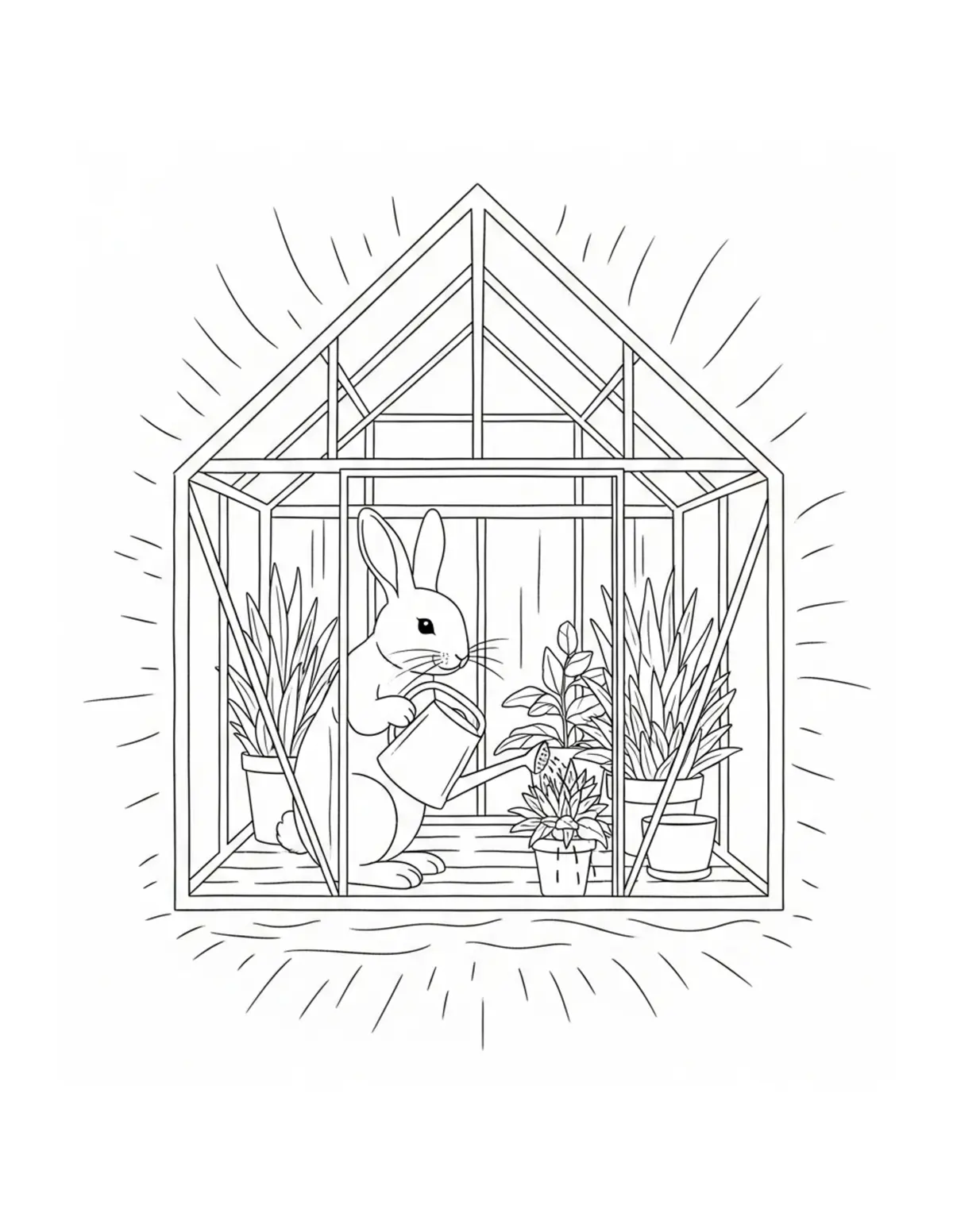 Free printable coloring page: bunny watering greenhouse plan coloring page. Cute and cozy design for kids and adults to download and print.