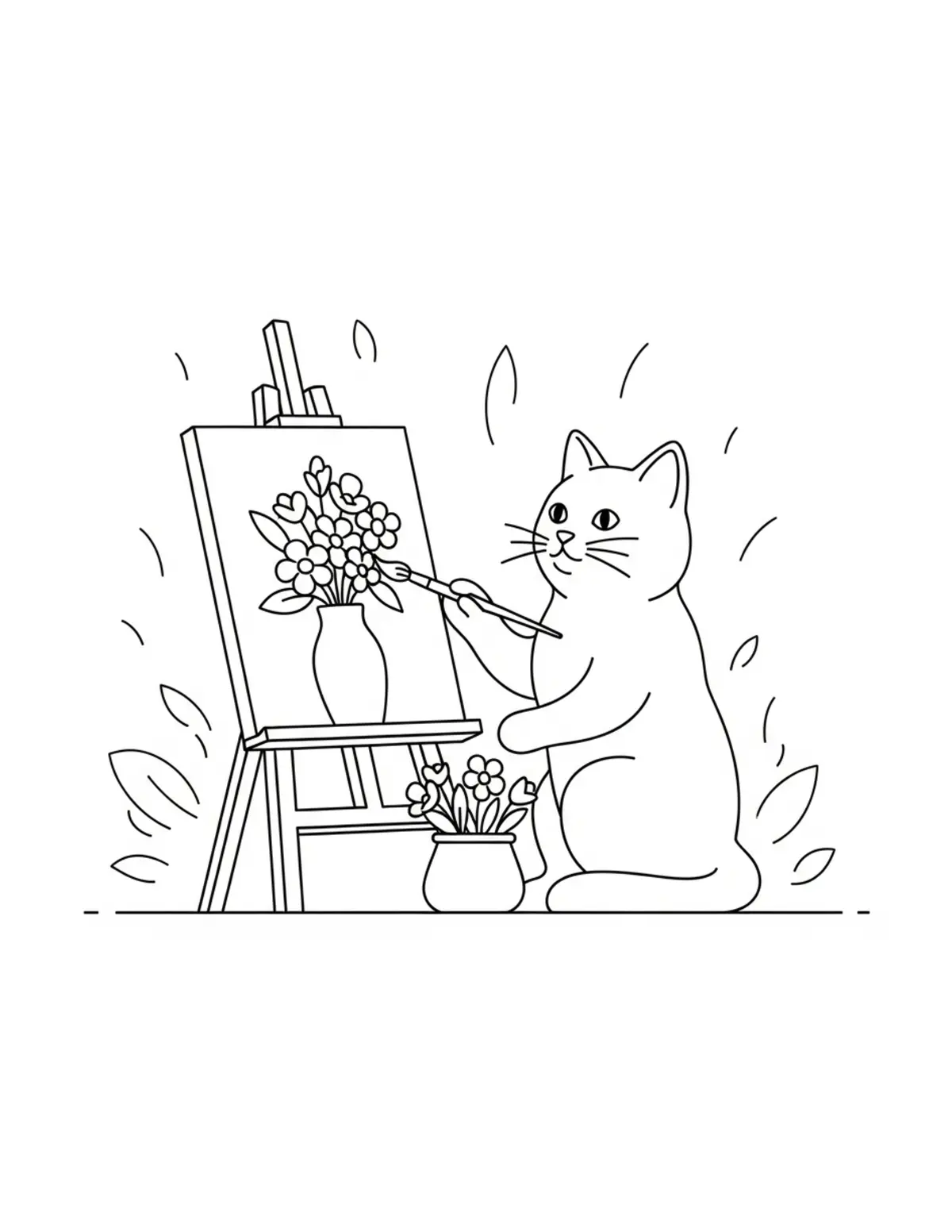 Cat Painting Flowers — free printable cozy coloring coloring page for kids and adults