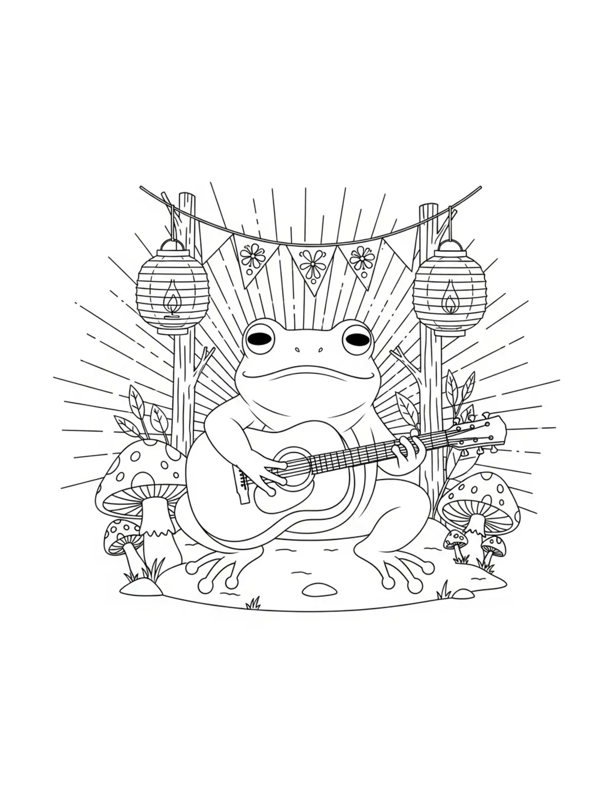 Free printable coloring page: cute frog playing guitar at wo coloring page. Cute and cozy animal design for kids and adults to download and print.
