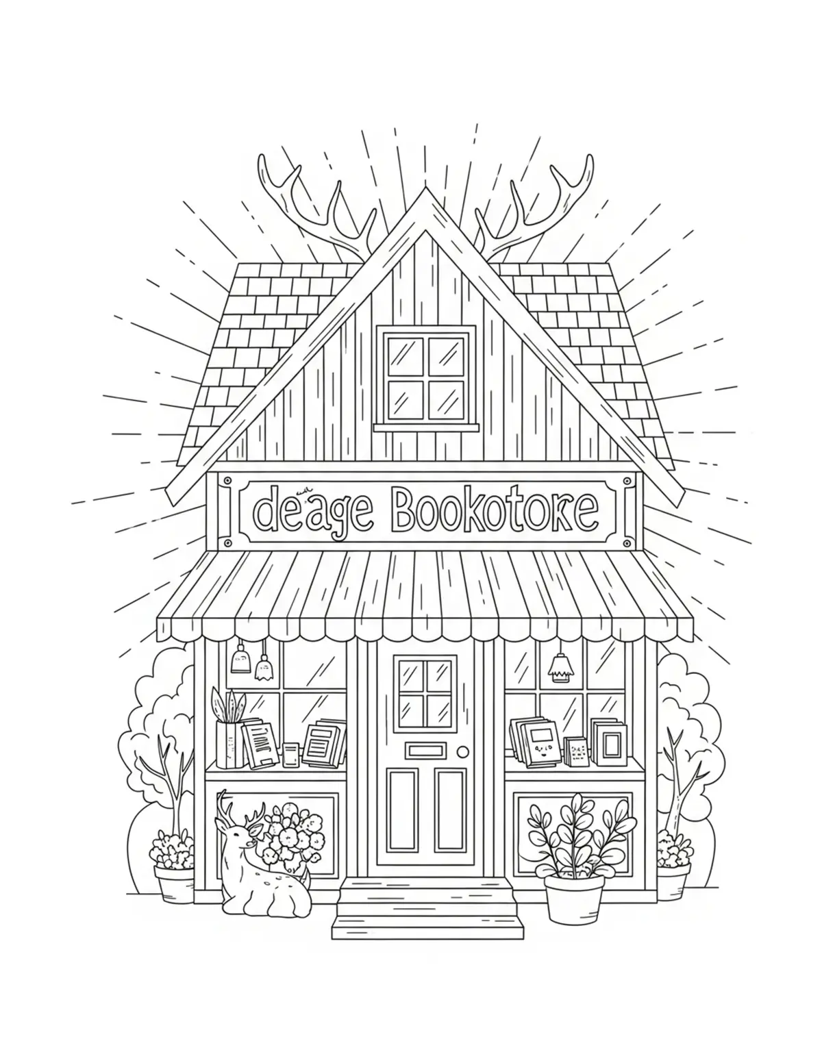 Free printable coloring page: deer cottage bookstore coloring page. Cute and cozy deer cottage design for kids and adults to download and print.