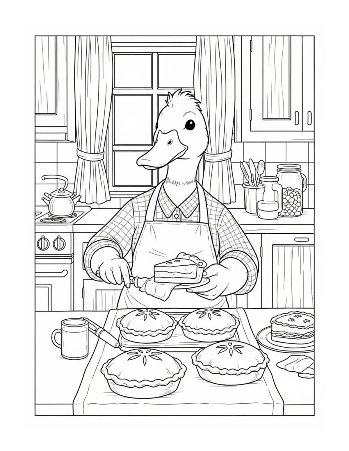 Duck Baking Pies In Cottage Ki Coloring Page - free printable JPG featuring adorable duck scenes