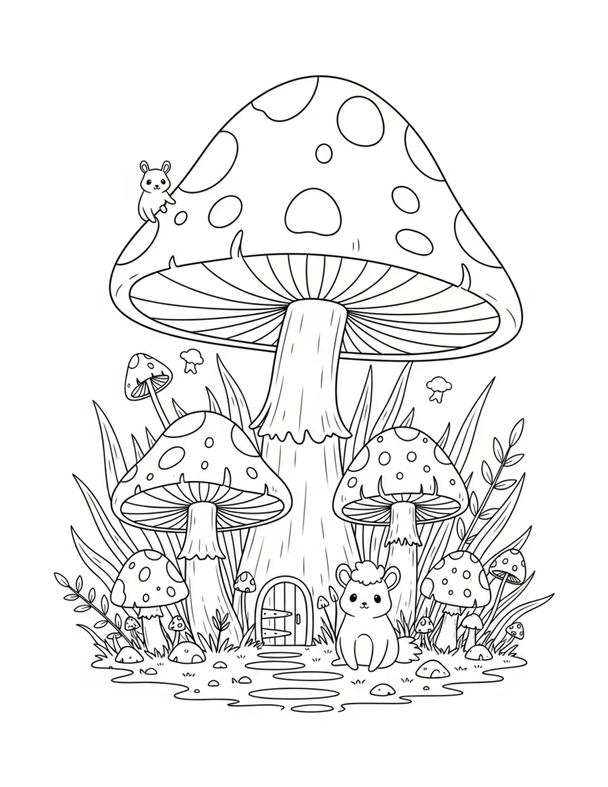 Free printable coloring page: mushroom kingdom tiny coloring page. Cute and cozy design for kids and adults to download and print.