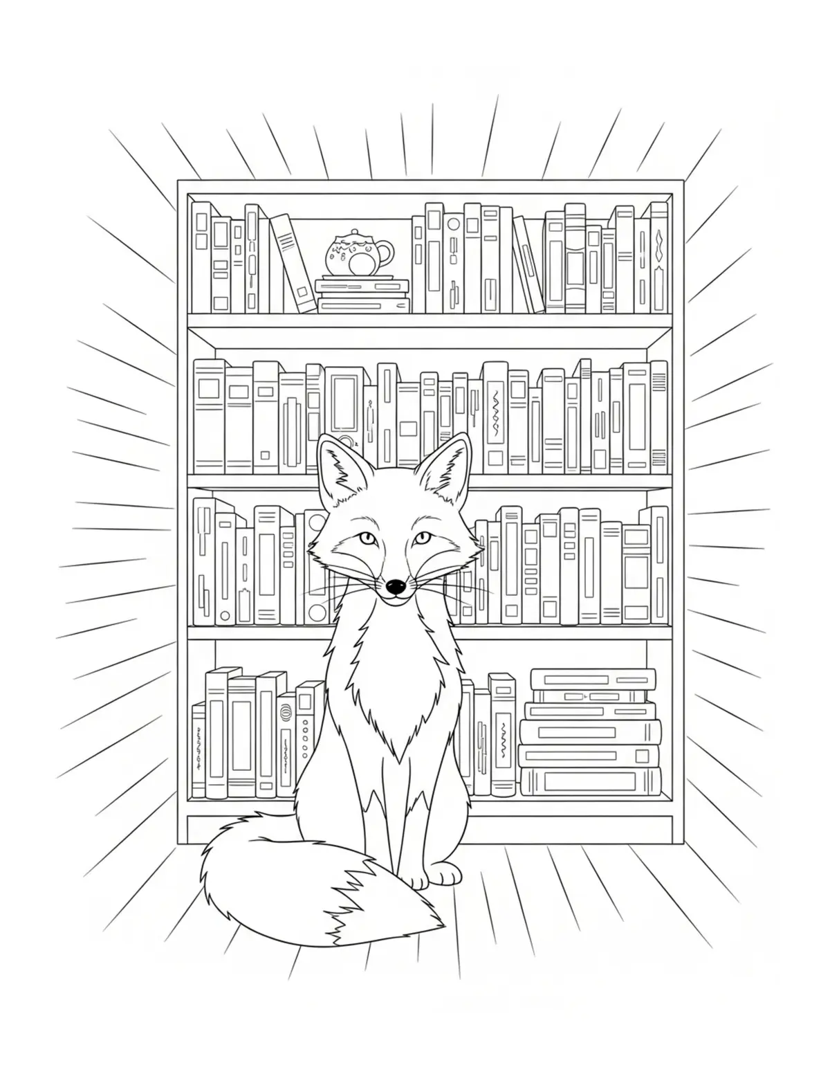 Free printable coloring page: fox vintage bookstore coloring page. Cute and cozy bookstore and reading design for kids and adults to download and print.