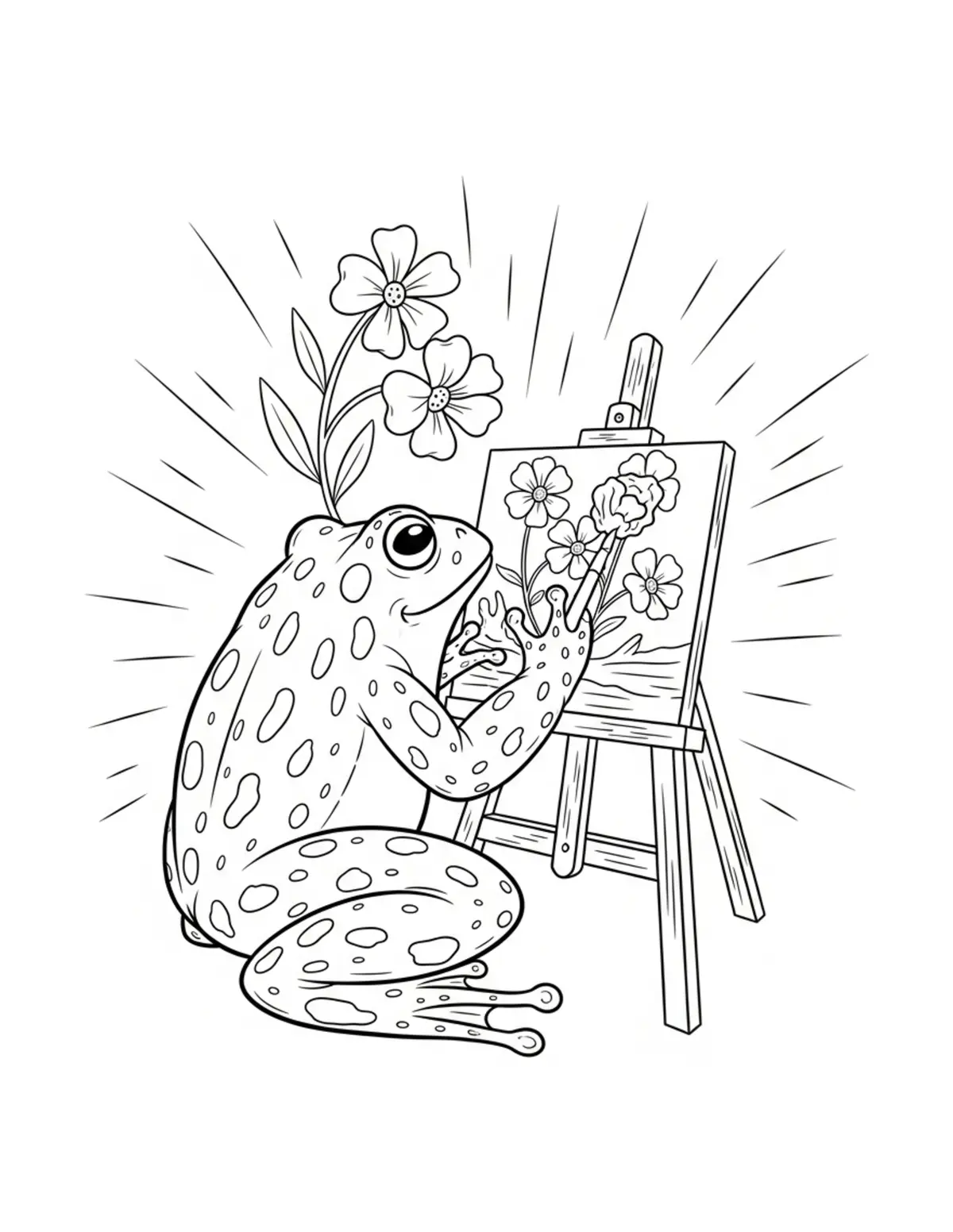 Free printable coloring page: frog painting flowers coloring page. Cute and cozy design for kids and adults to download and print.