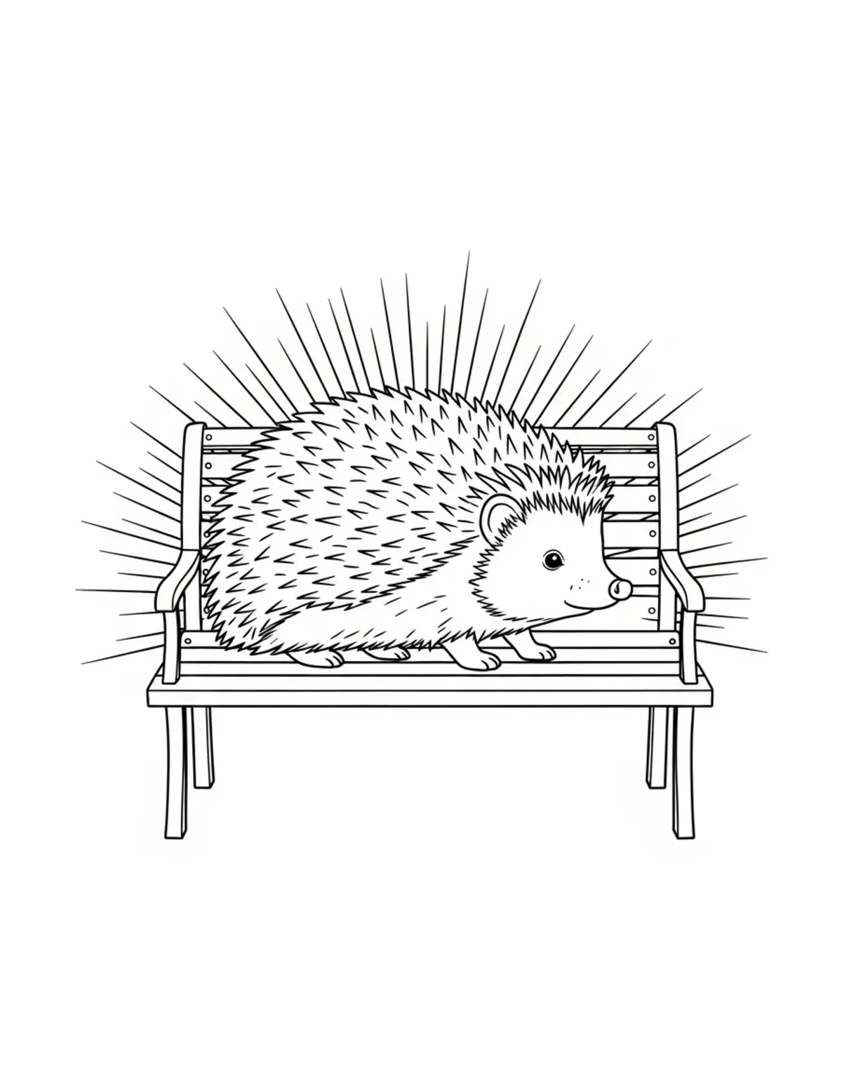 Free printable coloring page: hedgehog garden bench coloring page. Cute and cozy hedgehog garden design for kids and adults to download and print.