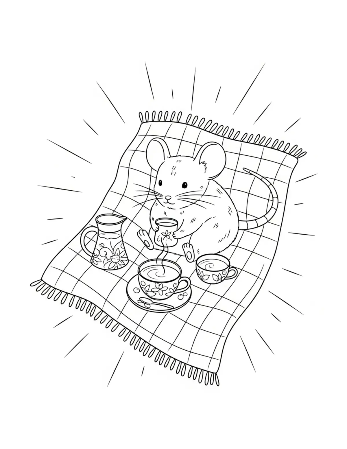 Free printable coloring page: mouse tea picnic blanket coloring page. Cute and cozy mouse tea party design for kids and adults to download and print.