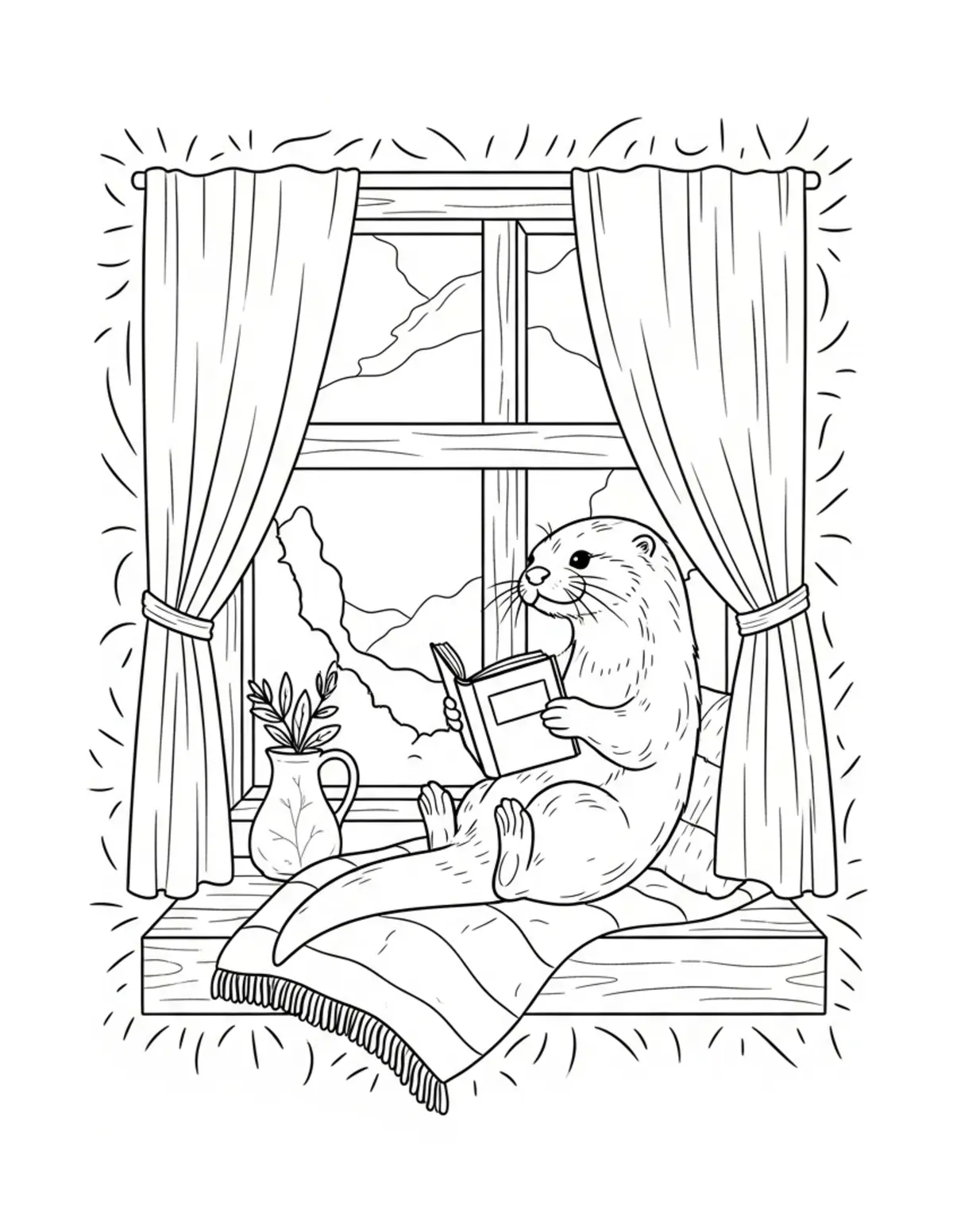 Otter Cottage Window Reading coloring page - free printable JPG featuring adorable otters