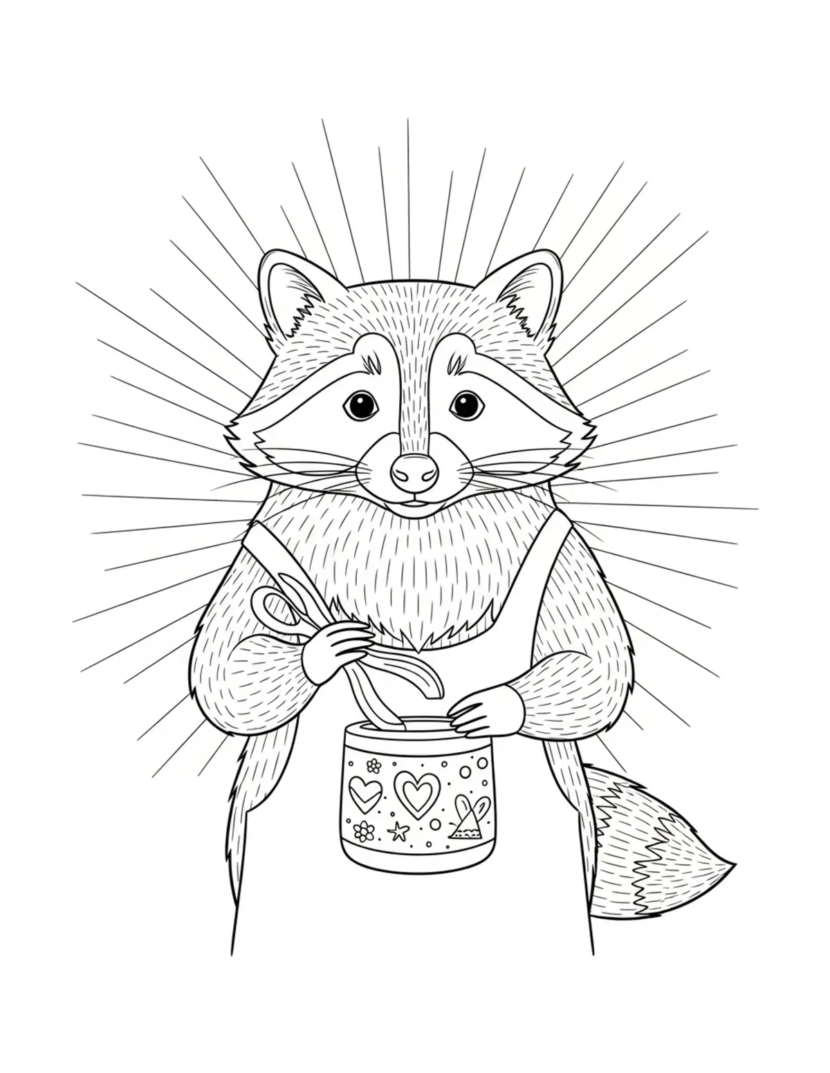 Raccoon Craft Fair coloring page - free printable JPG featuring adorable raccoons at a market
