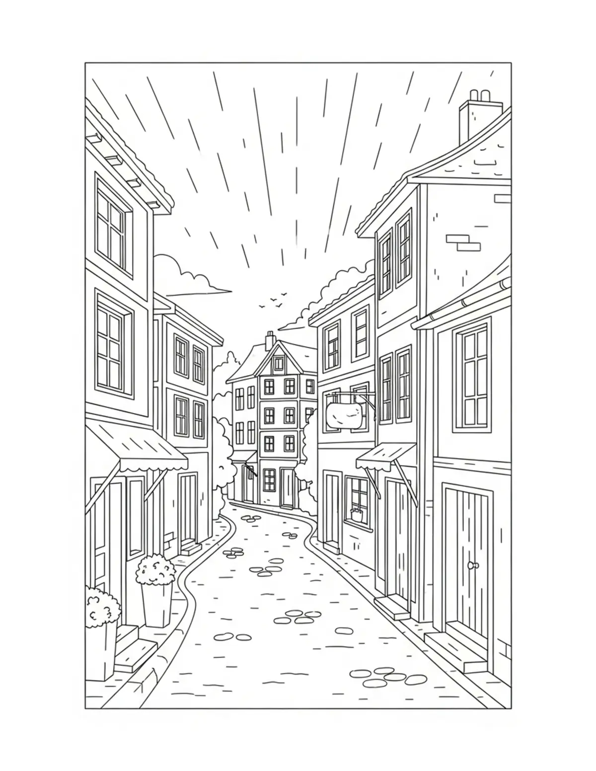 Free printable coloring page: village-street coloring page. Cute and cozy design for kids and adults to download and print.