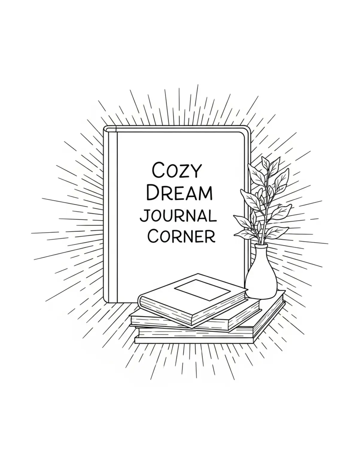 Free printable coloring page: cozy dream journal corner coloring page. Cute and cozy design for kids and adults to download and print.