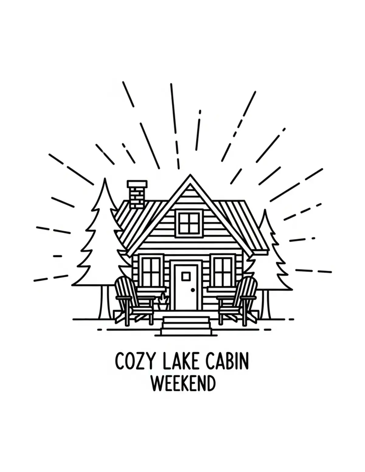 Free printable coloring page: cozy lake cabin weekend coloring page. Cute and cozy summer design for kids and adults to download and print.