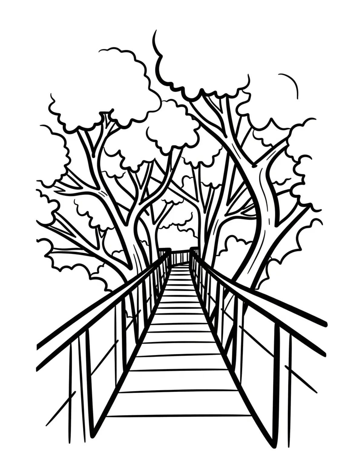 Free printable coloring page: secret-tree-canopy-walkway coloring page. Cute and cozy design for kids and adults to download and print.