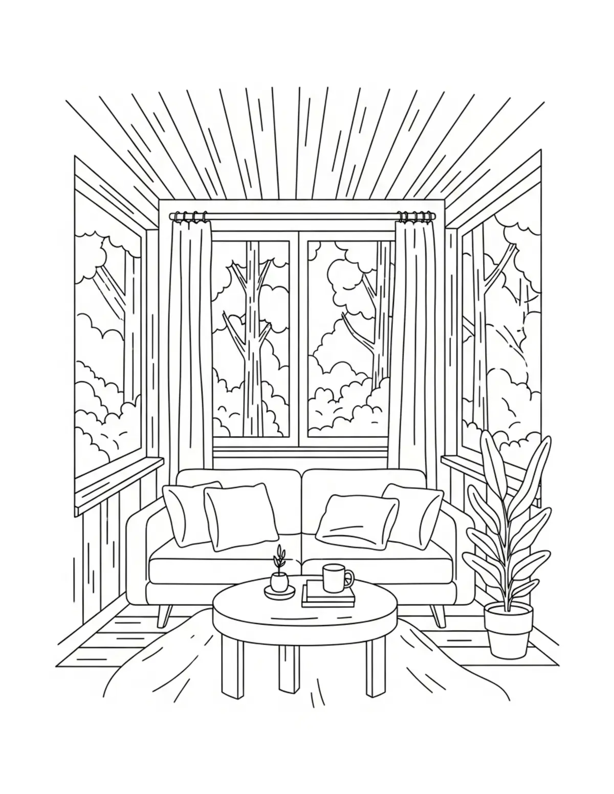 Free printable coloring page: cozy forest view sunroom coloring page. Cute and cozy design for kids and adults to download and print.