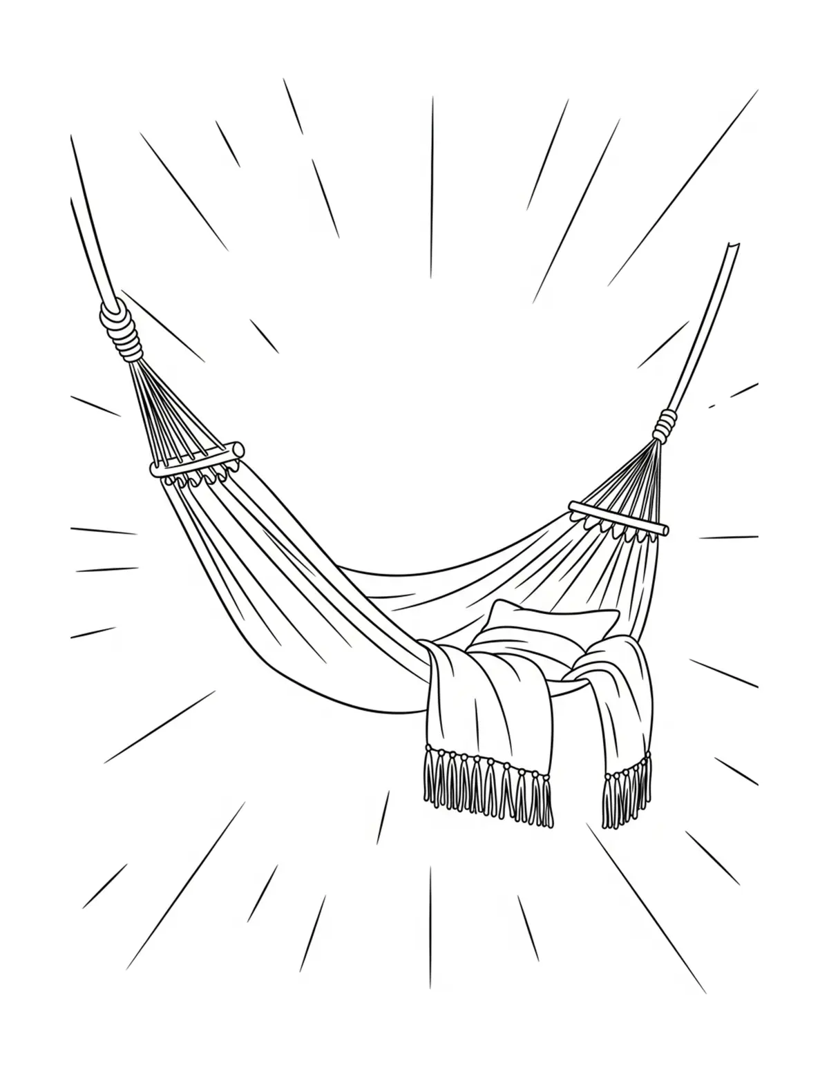 Free printable coloring page: cozy summer reading hammock coloring page. Cute and cozy summer design for kids and adults to download and print.