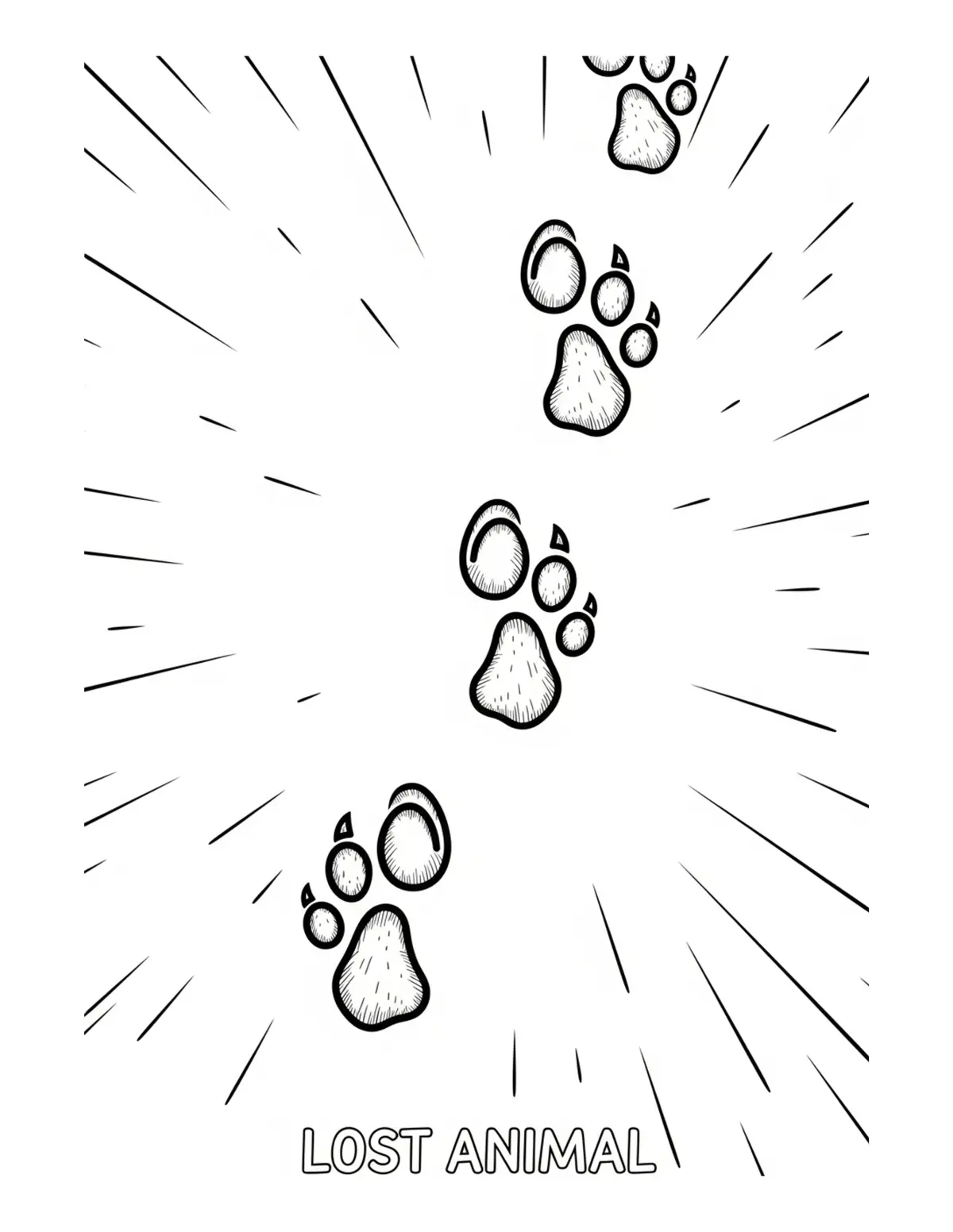 Free printable coloring page: lost-animal-footprint-trail coloring page. Cute and cozy design for kids and adults to download and print.