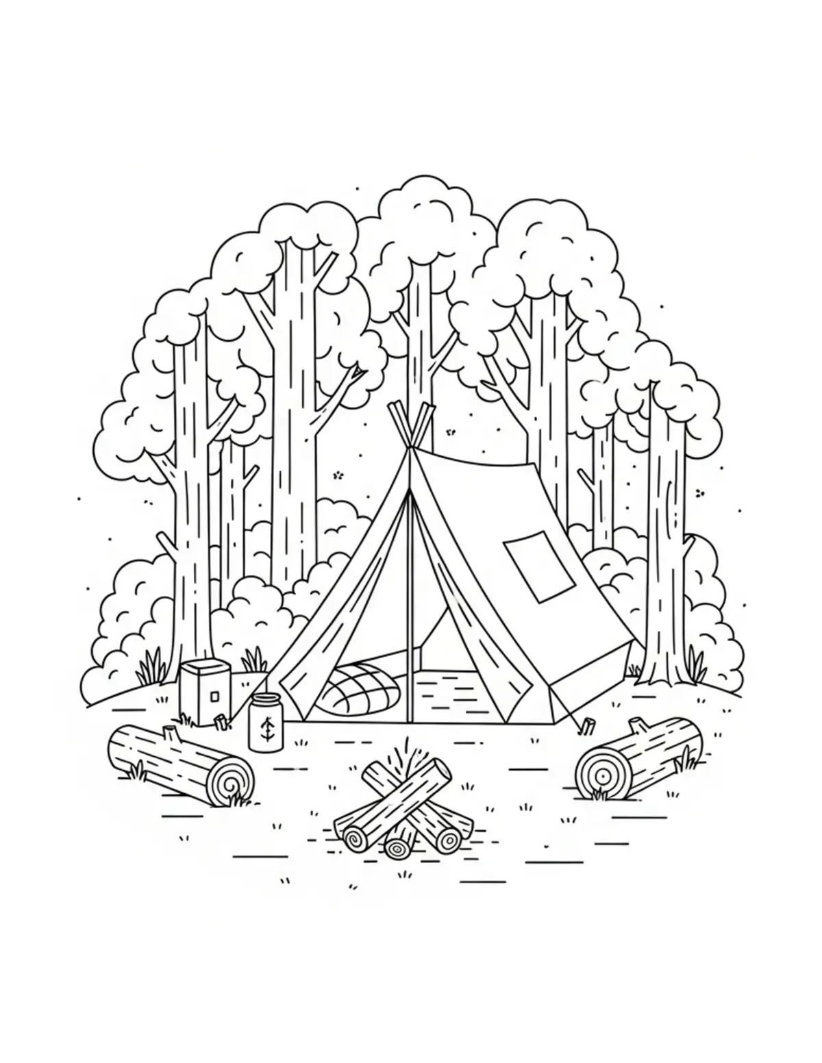 Free printable coloring page: cozy forest camping spot coloring page. Cute and cozy summer design for kids and adults to download and print.