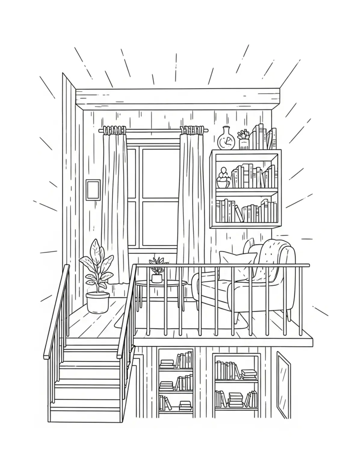 Free printable coloring page: cozy reading loft coloring page. Cute and cozy design for kids and adults to download and print.