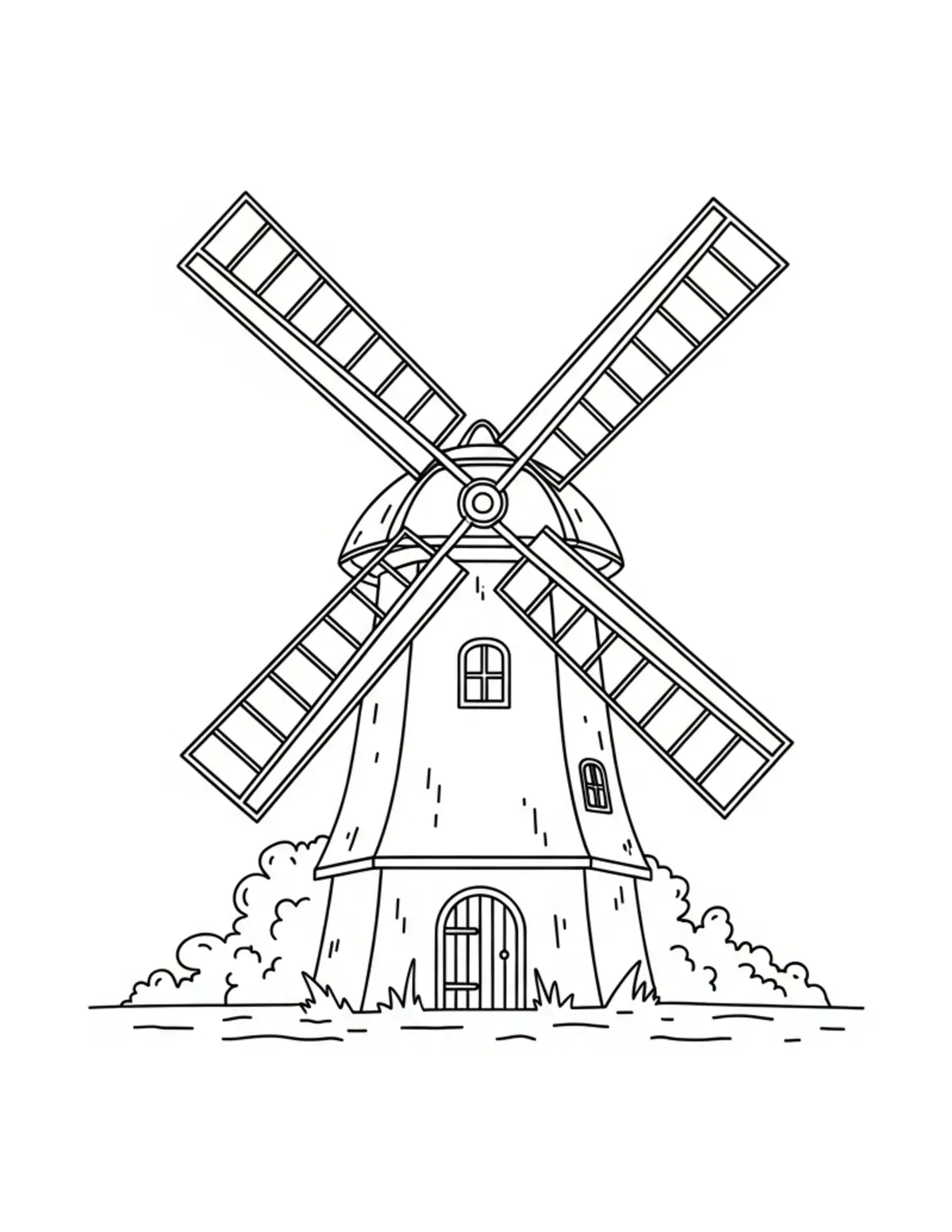 Free printable coloring page: hidden-woodland-windmill coloring page. Cute and cozy design for kids and adults to download and print.