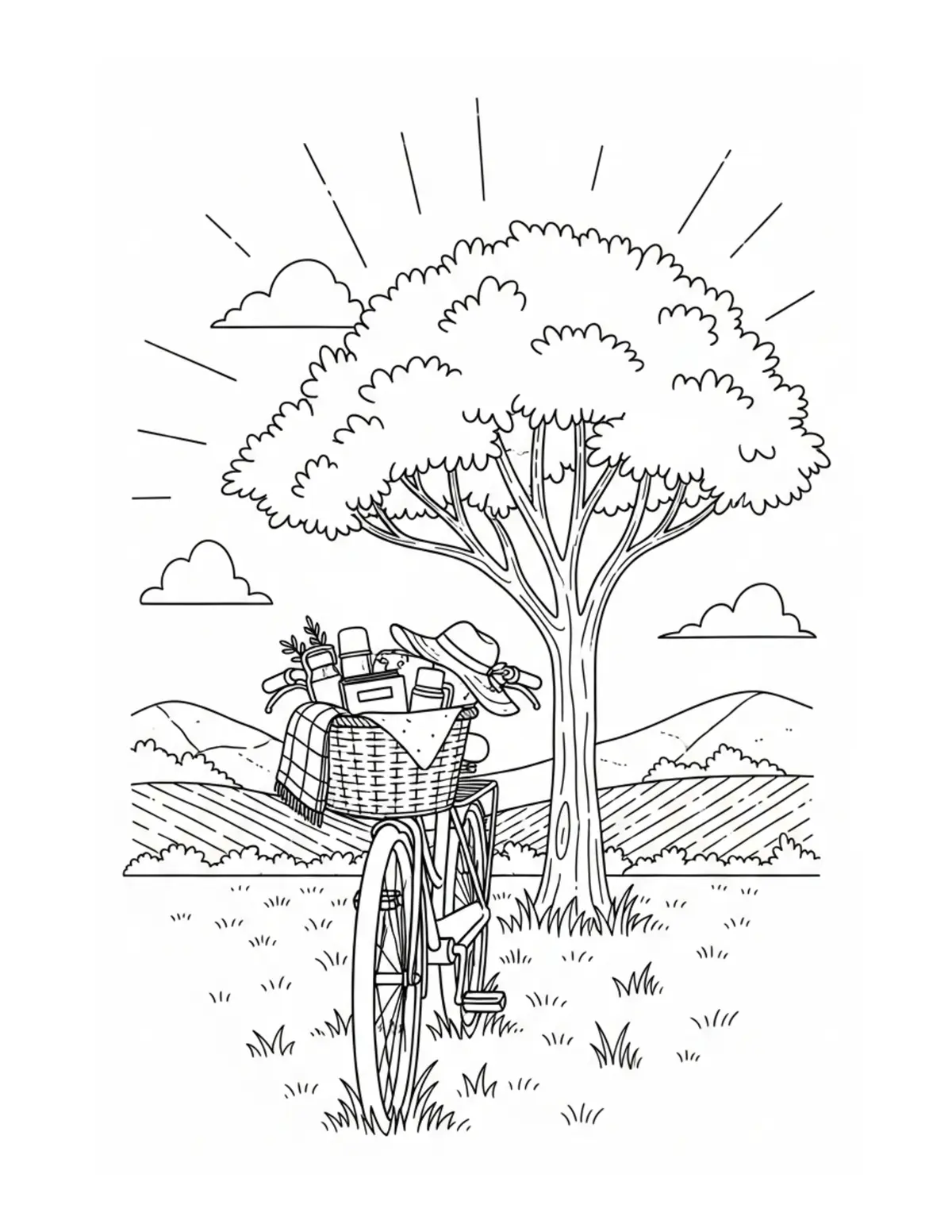 Free printable coloring page: cozy summer bicycle adventure coloring page. Cute and cozy summer design for kids and adults to download and print.