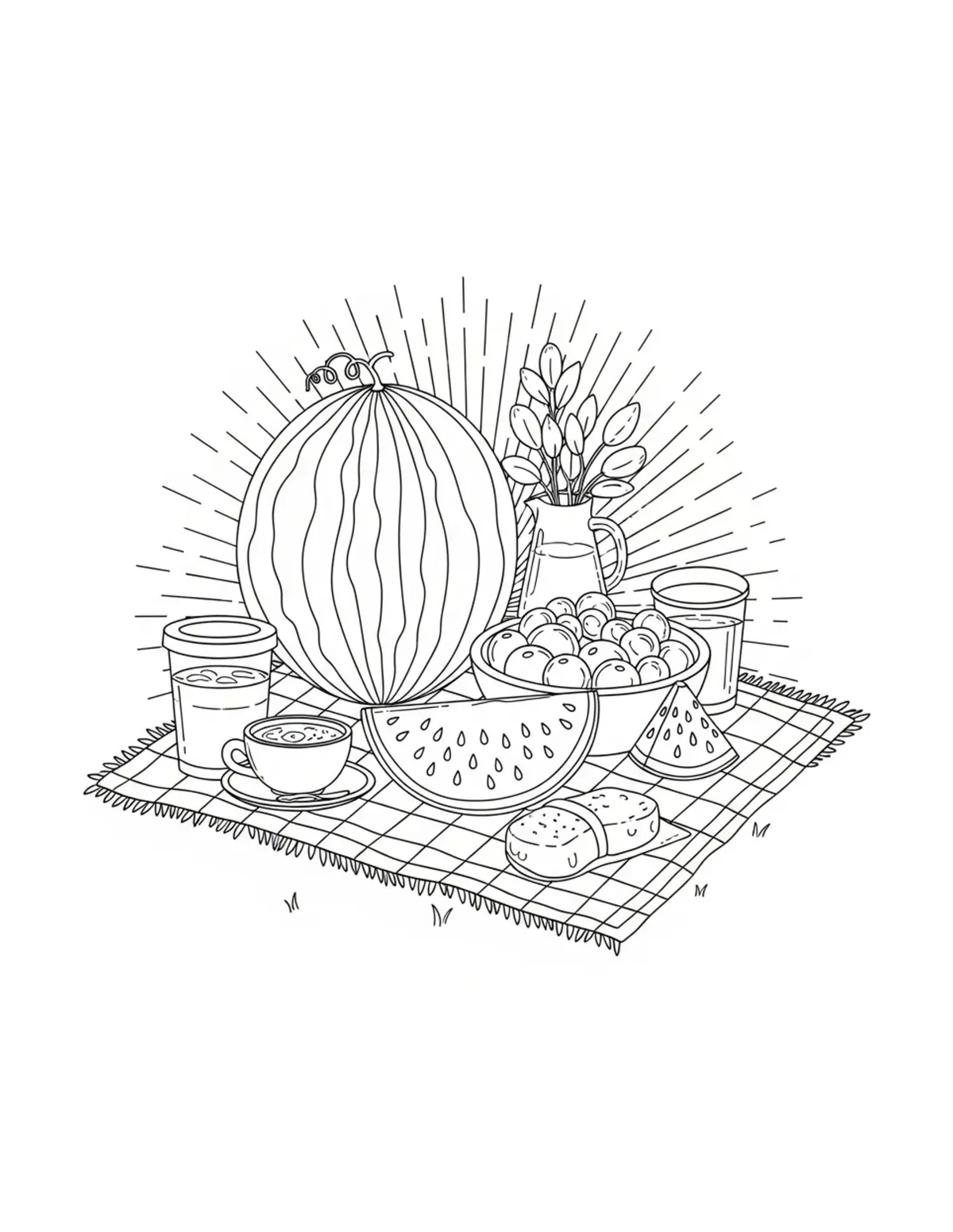 Free printable coloring page: cozy backyard watermelon picni coloring page. Cute and cozy summer design for kids and adults to download and print.
