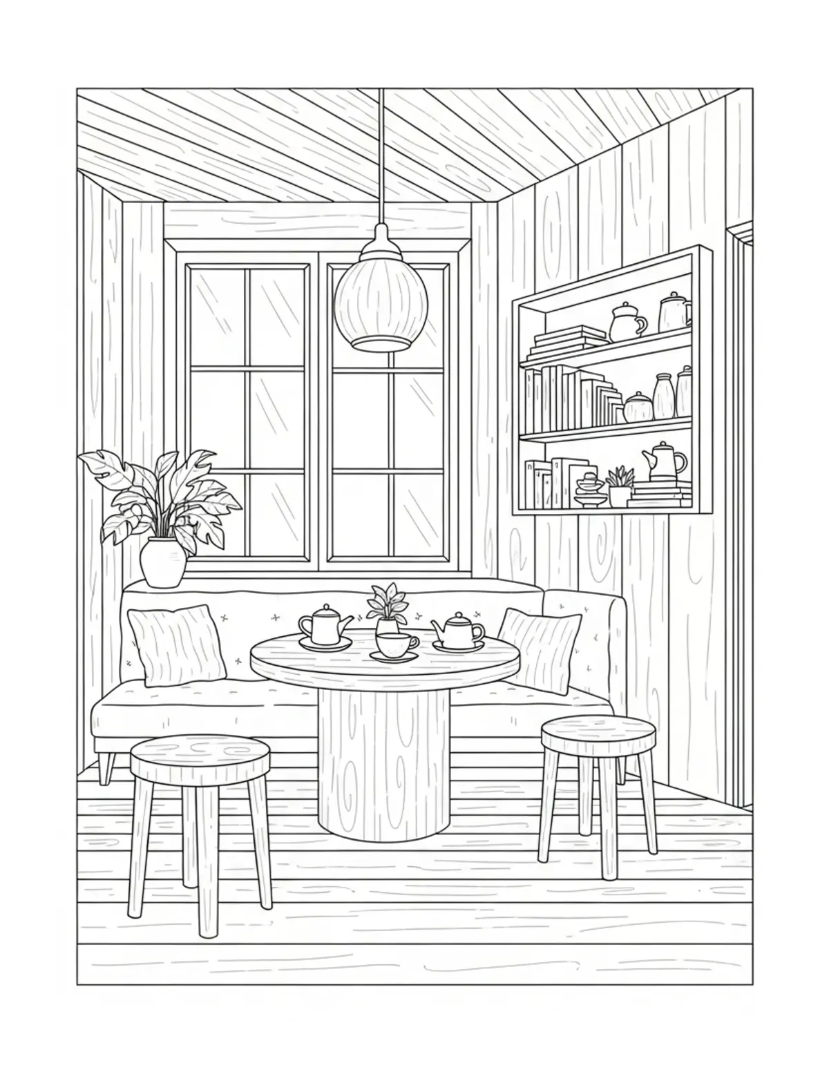 Free printable coloring page: cozy tea tasting room coloring page. Cute and cozy design for kids and adults to download and print.