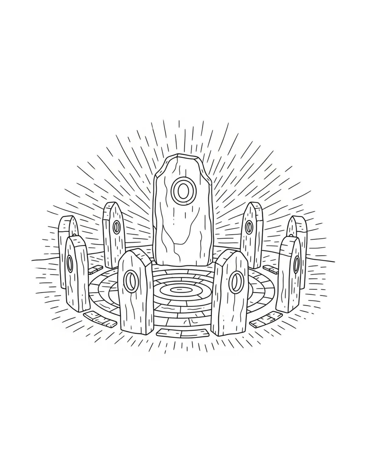 Free printable coloring page: mystery-stone-circle-garden coloring page. Cute and cozy design for kids and adults to download and print.