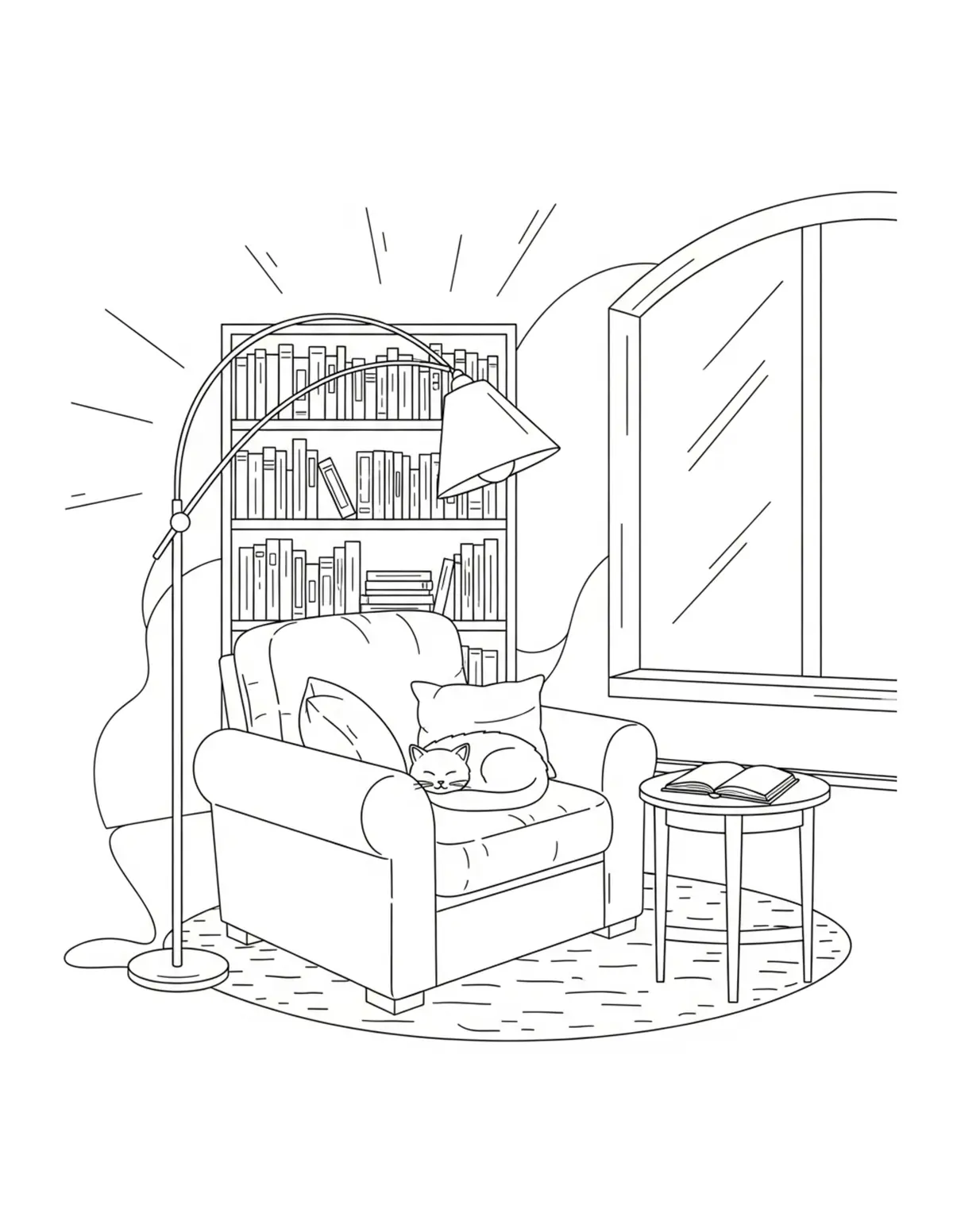 Free printable coloring page: cozy storytelling corner coloring page. Cute and cozy design for kids and adults to download and print.