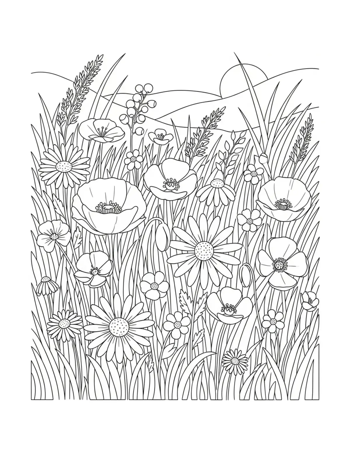 Free printable coloring page: cozy summer flower meadow coloring page. Cute and cozy summer design for kids and adults to download and print.
