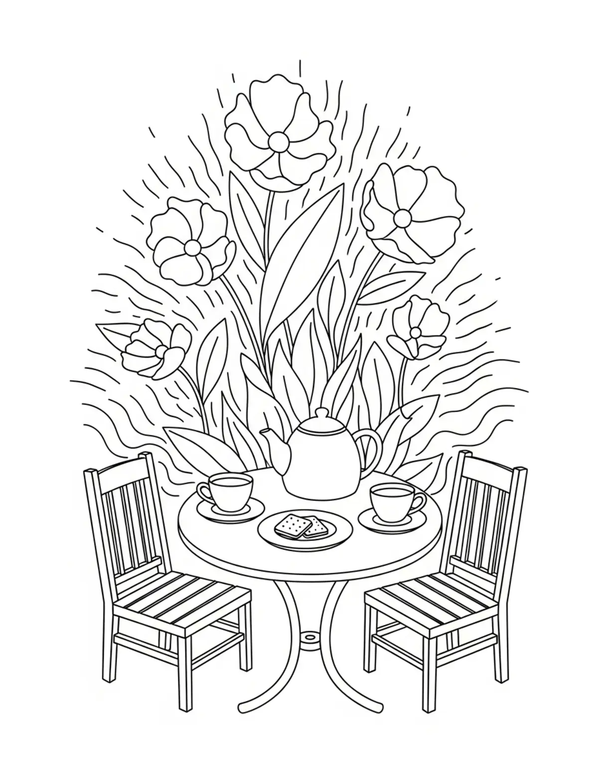 Free printable coloring page: cozy garden tea table coloring page. Cute and cozy garden design for kids and adults to download and print.