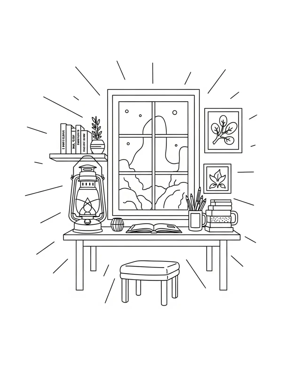 Free printable coloring page: cozy lantern lit study coloring page. Cute and cozy design for kids and adults to download and print.