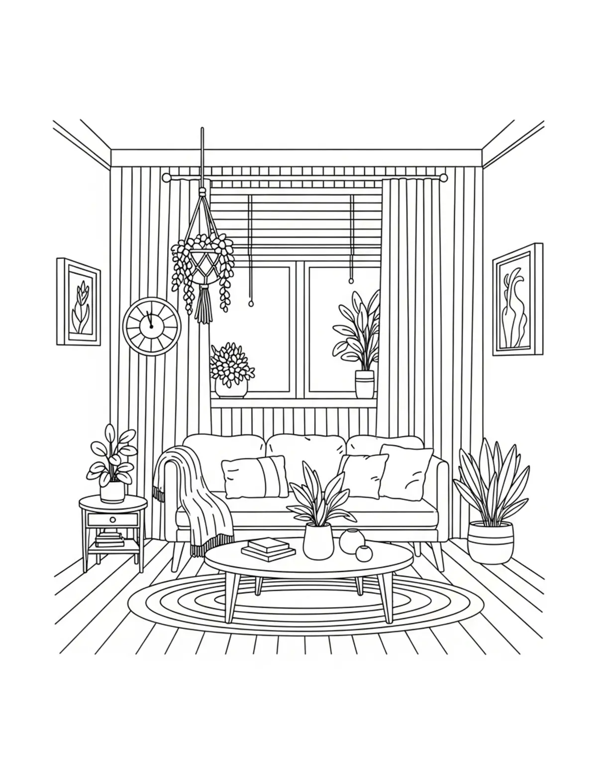Free printable coloring page: cozy indoor garden room coloring page. Cute and cozy design for kids and adults to download and print.