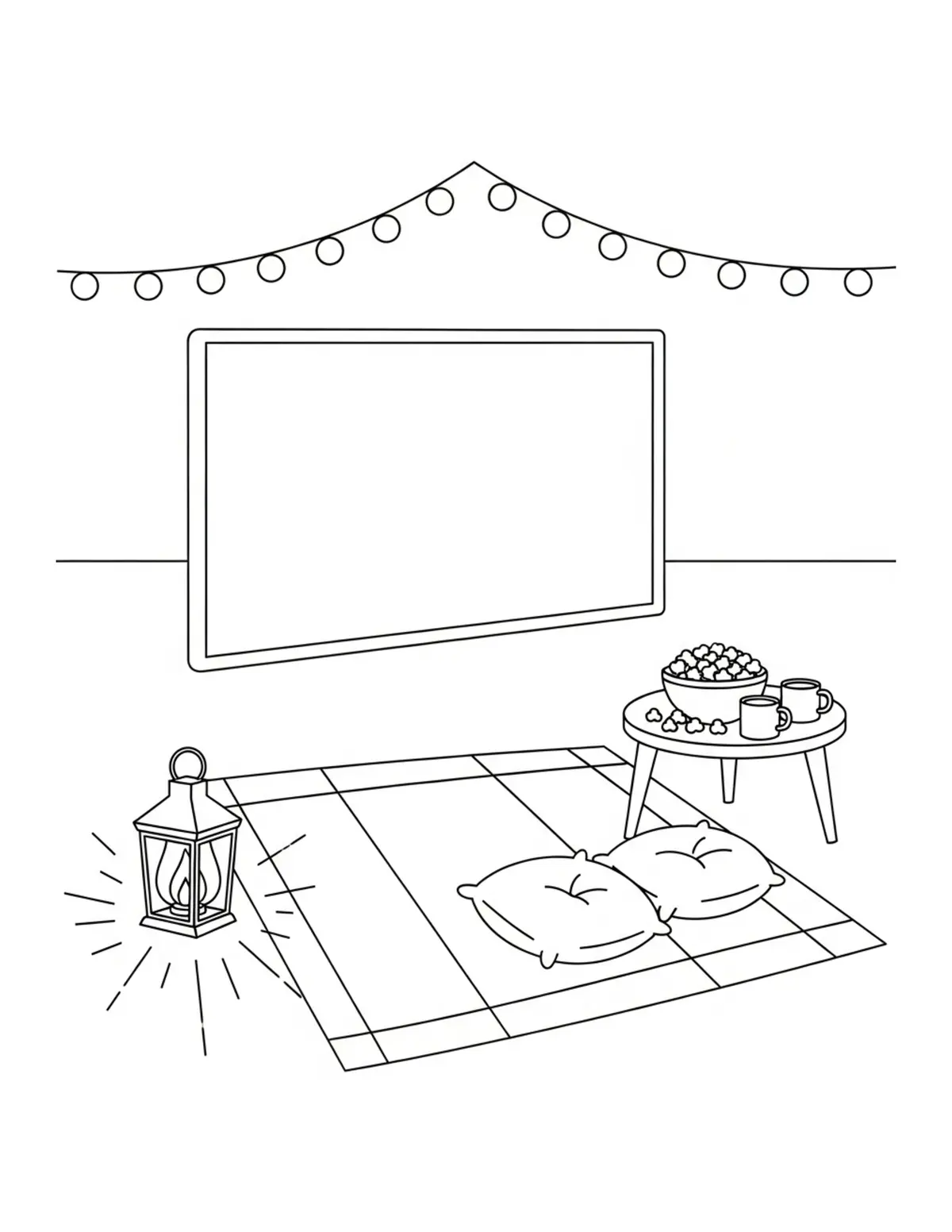Free printable coloring page: cozy outdoor movie night coloring page. Cute and cozy design for kids and adults to download and print.