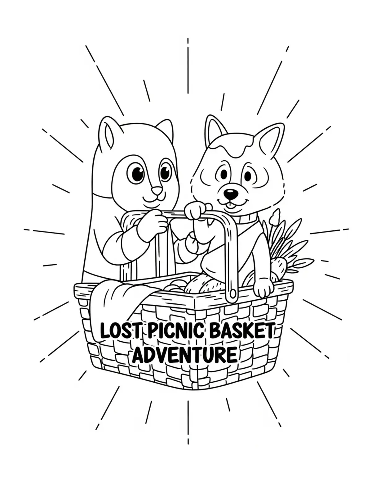 Free printable coloring page: lost-picnic-basket-adventure coloring page. Cute and cozy design for kids and adults to download and print.